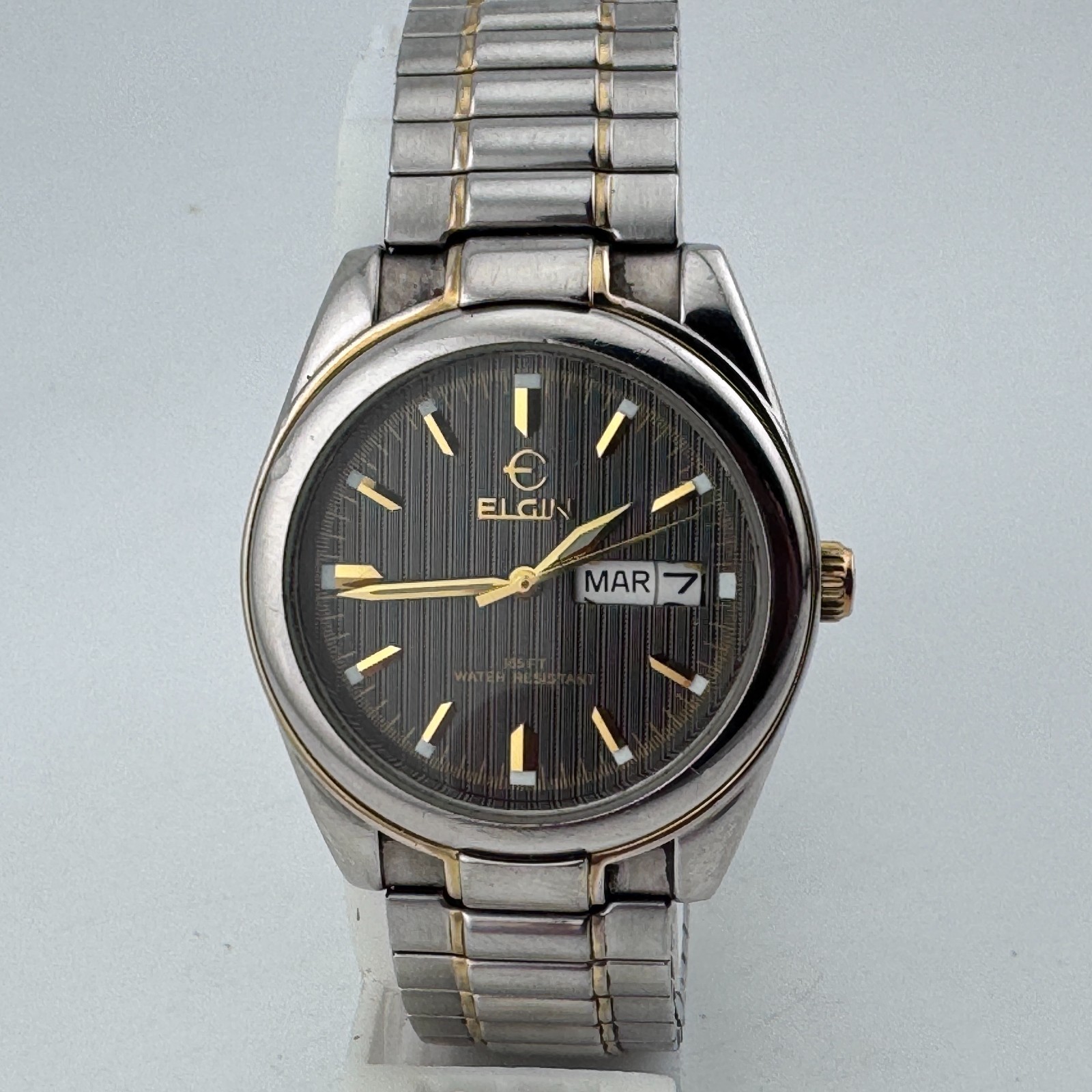 Vintage Elgin Quartz Watch Men 50m Dual Tone Day Date Stretch Analog New Battery