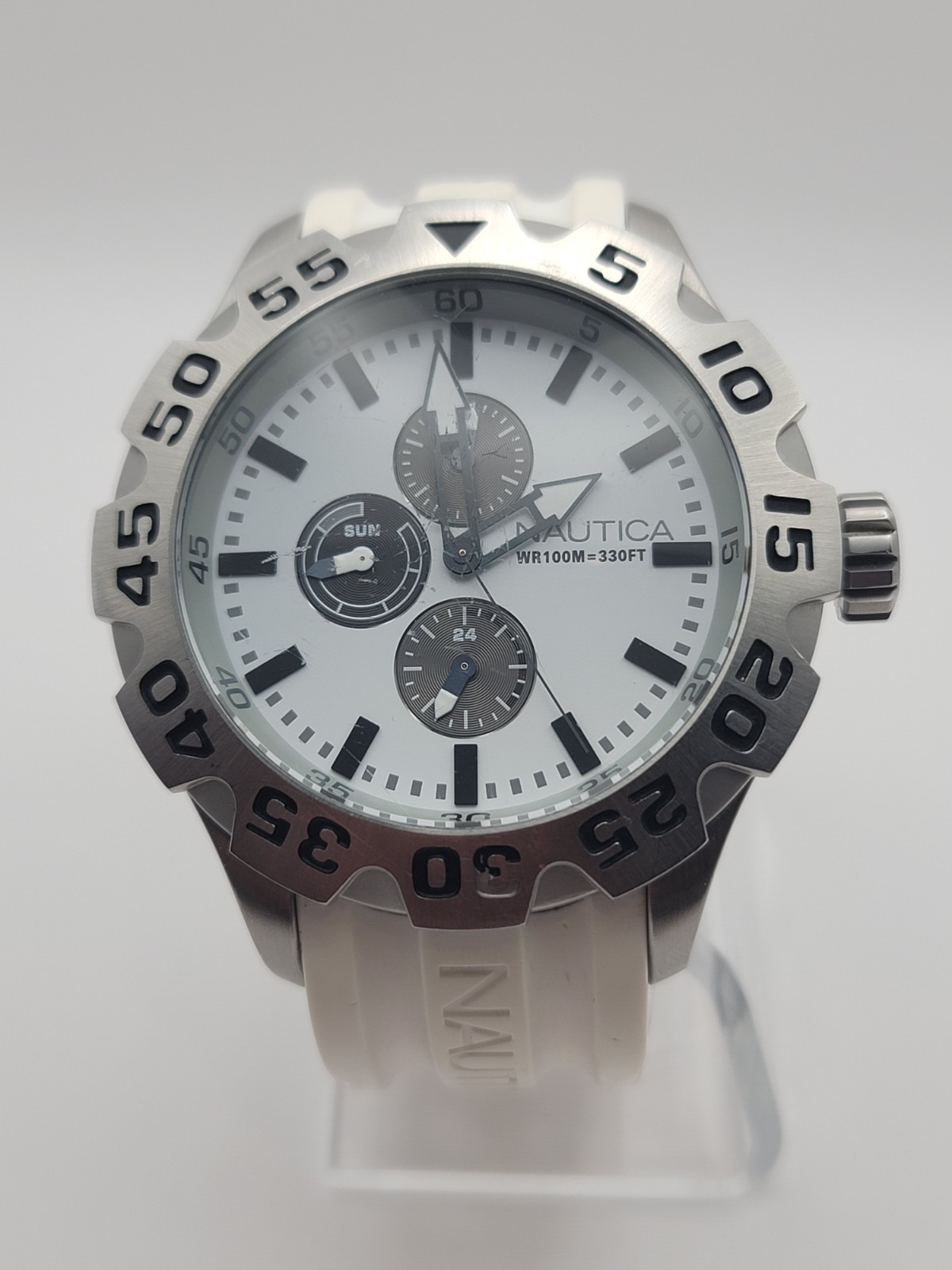 ​Nautica Men’s Multi-Function Sport Watch White Dial Day Date 24Hr Steel Bezel