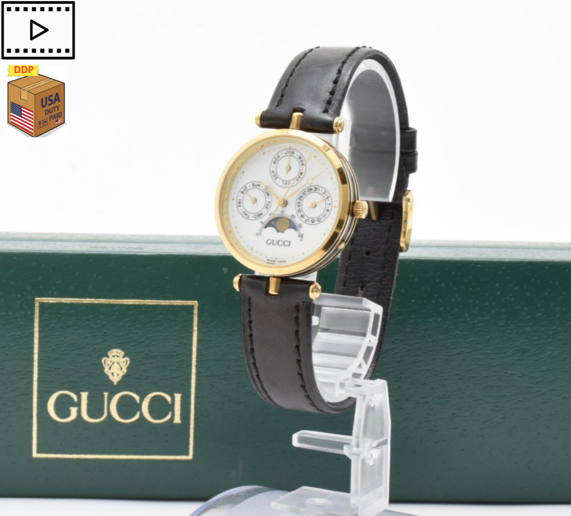 Vintage [NEAR MINT /Box] Gucci Moon Phase Triple Calendar Gold Mens Quartz Watch