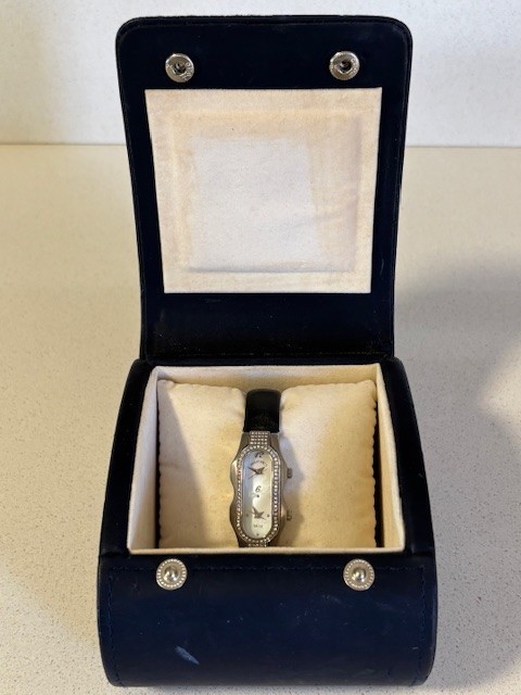 PHILIP STEIN TESLAR DUAL TIME MOP DIAL DIAMOND BEZEL QUARTZ WATCH WITH BOX