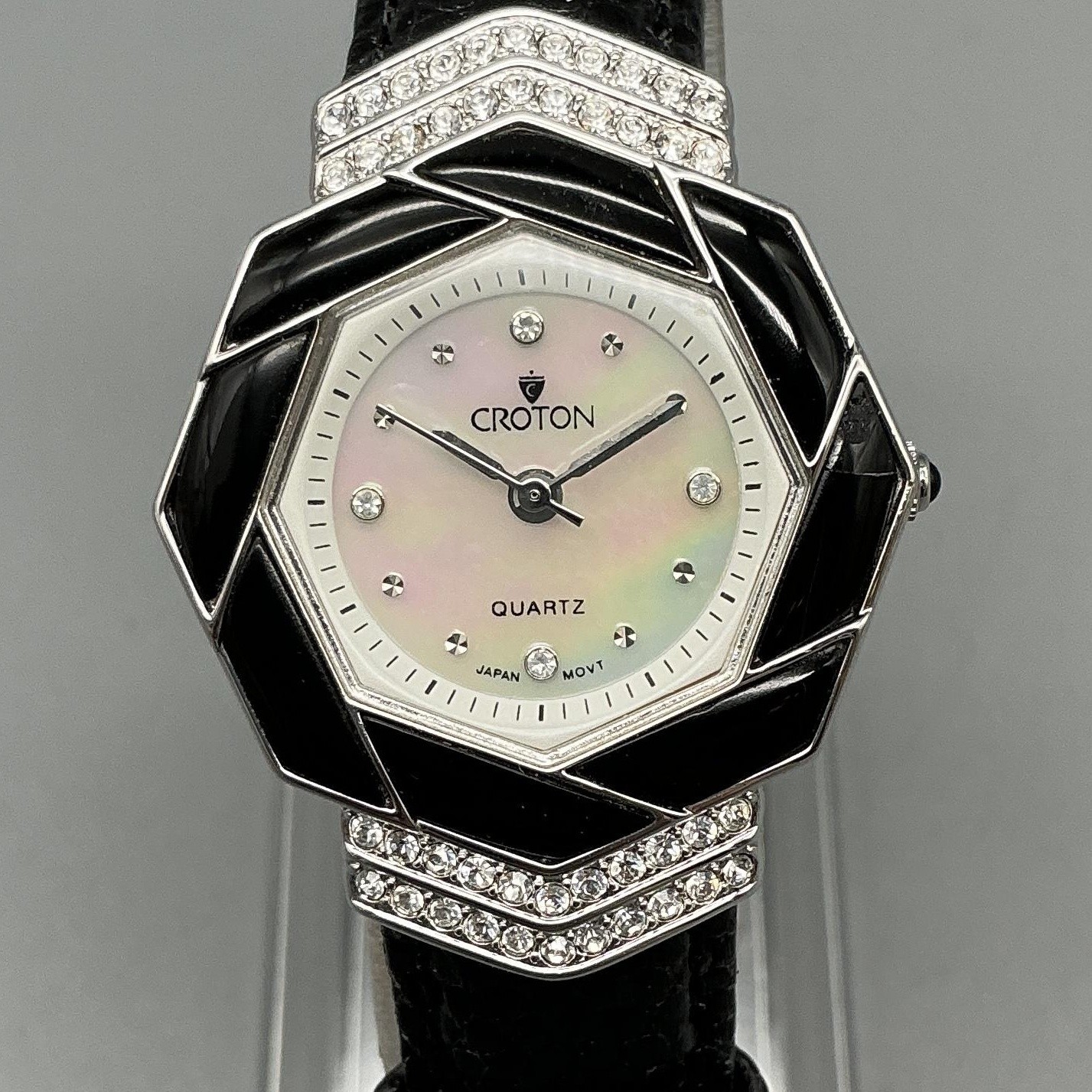 Croton Womens Watch 28mm MOP Black Enamel Crystals Leather Band New Battery