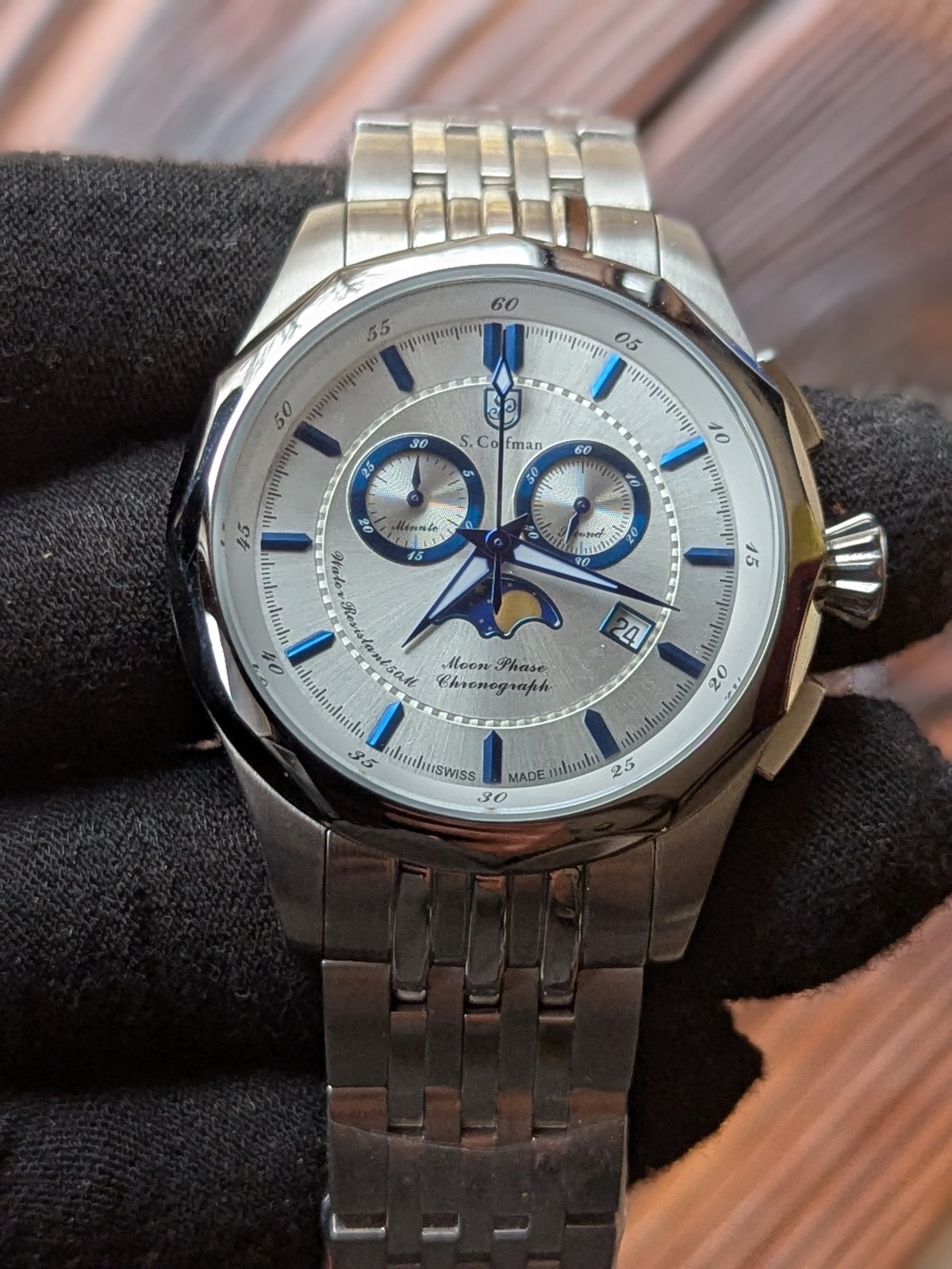 S. Coifman New OldStock Moonphase Chronograph Brushed Sunray Dial w Blue Accents
