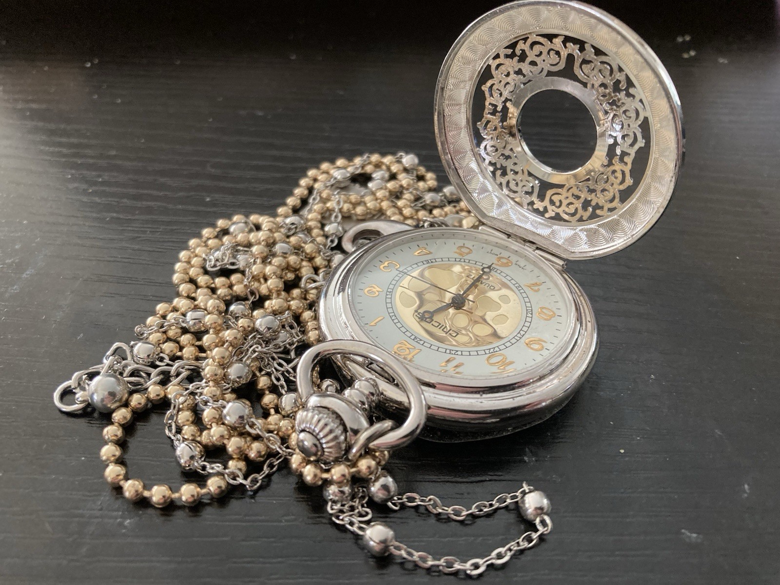 CHICOS “LITZY” Pocket Watch Necklace 21-25” Double Chain Gold & Silver NWT #19