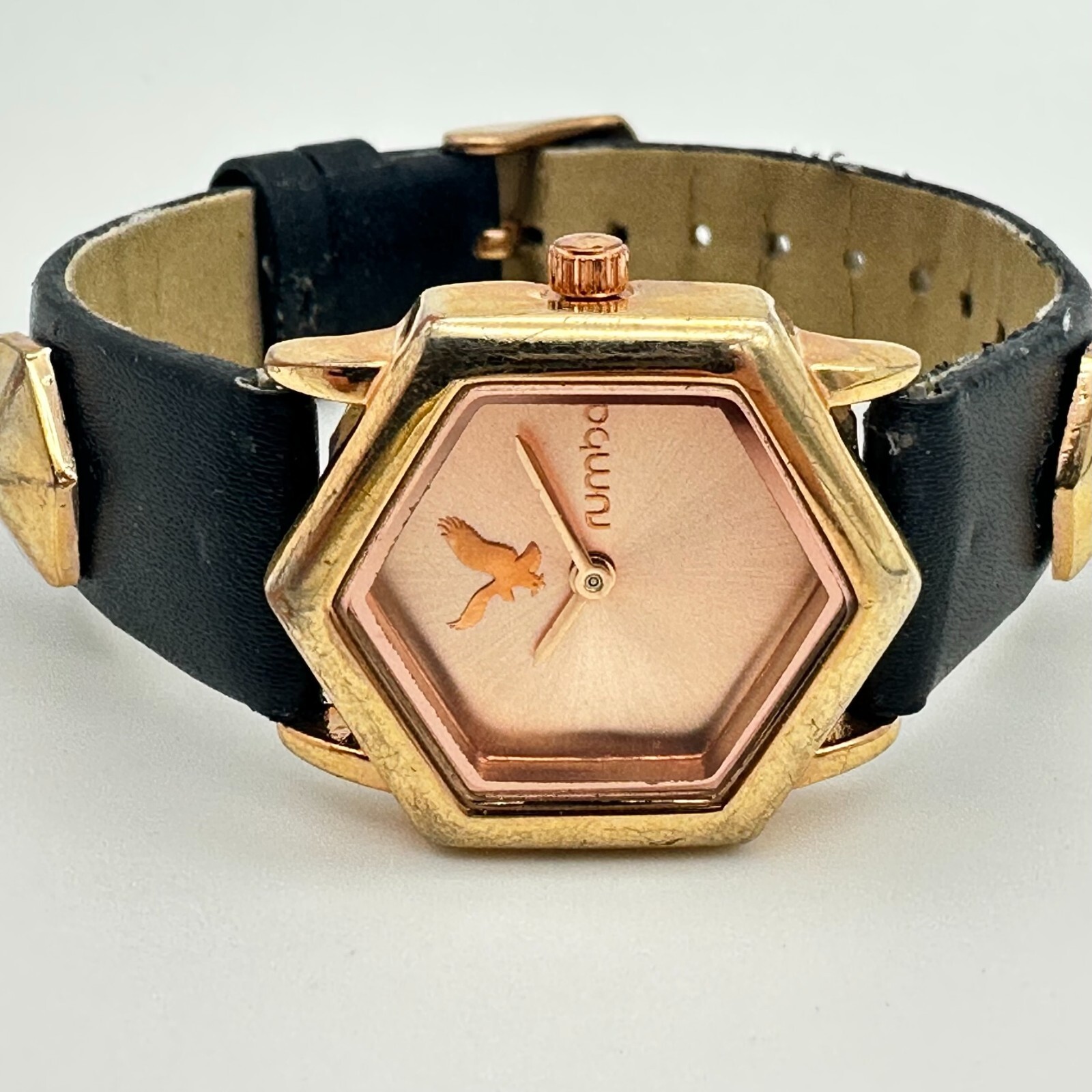 Ladies RUMBA Rose Gold Tone, Black Studded Band, American Eagle Hexagon Watch