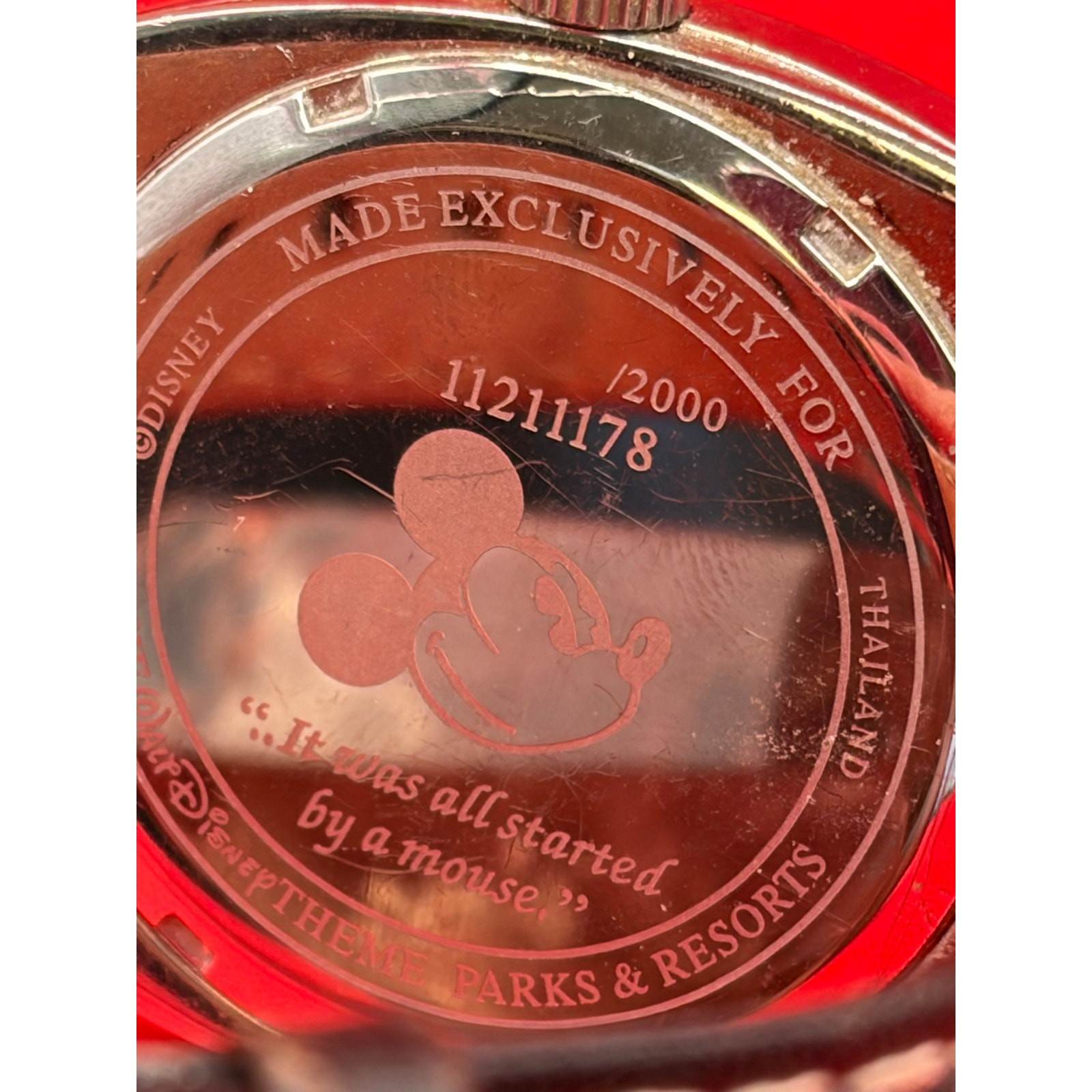 limited release Mickey Mouse watch features a square case and inscribed crystal