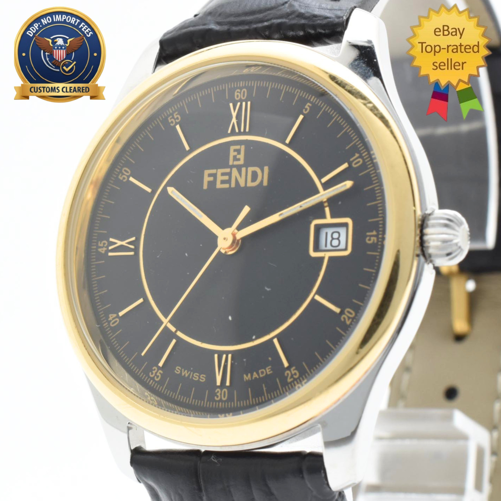 Vintage [Exc+5] FENDI 210G Orologi Black Dial 35mm Gold Date Quartz Men’s Watch