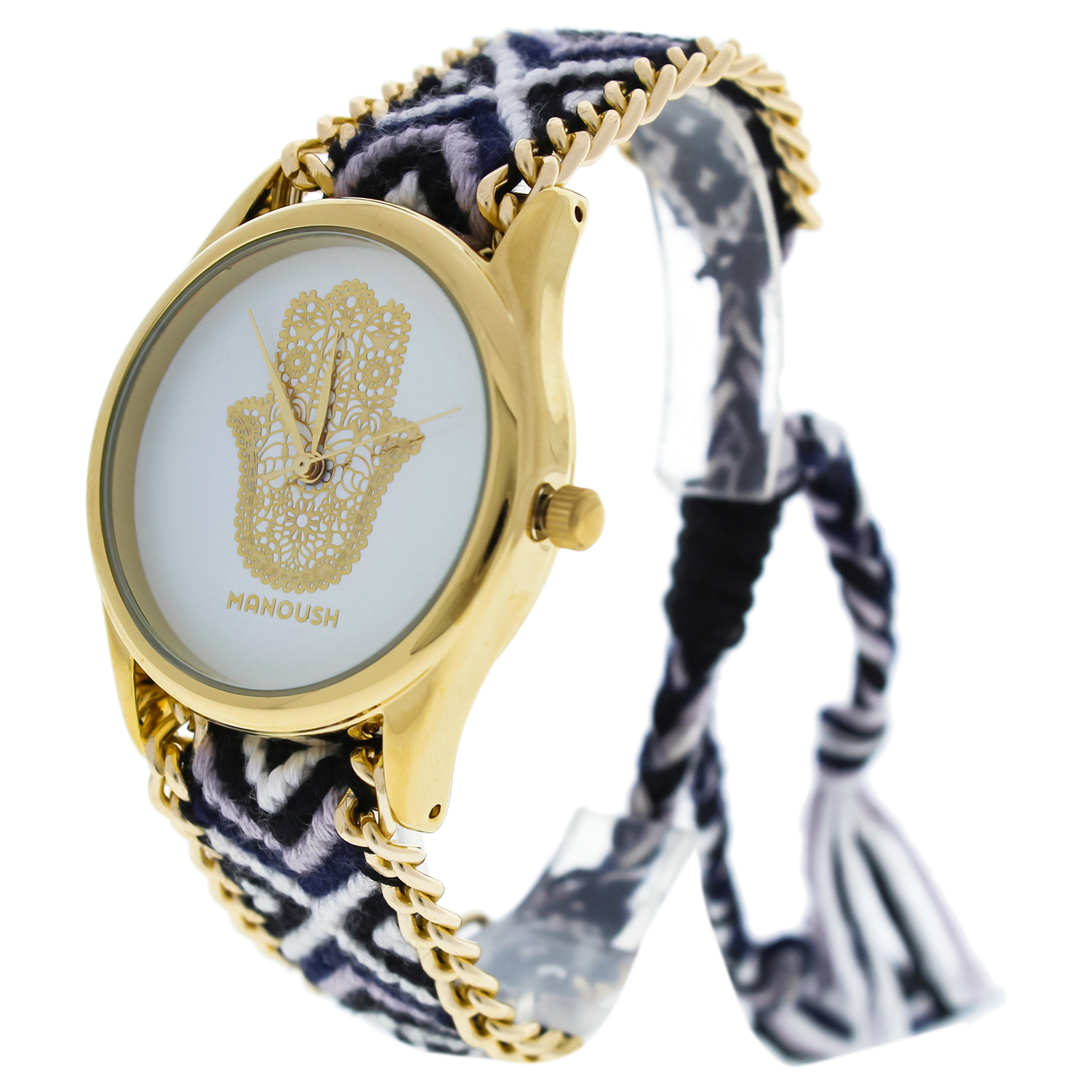 MSHHIWH Hindi Hand – Gold/Black Nylon Strap Watch by Manoush for Women – 1 Pc