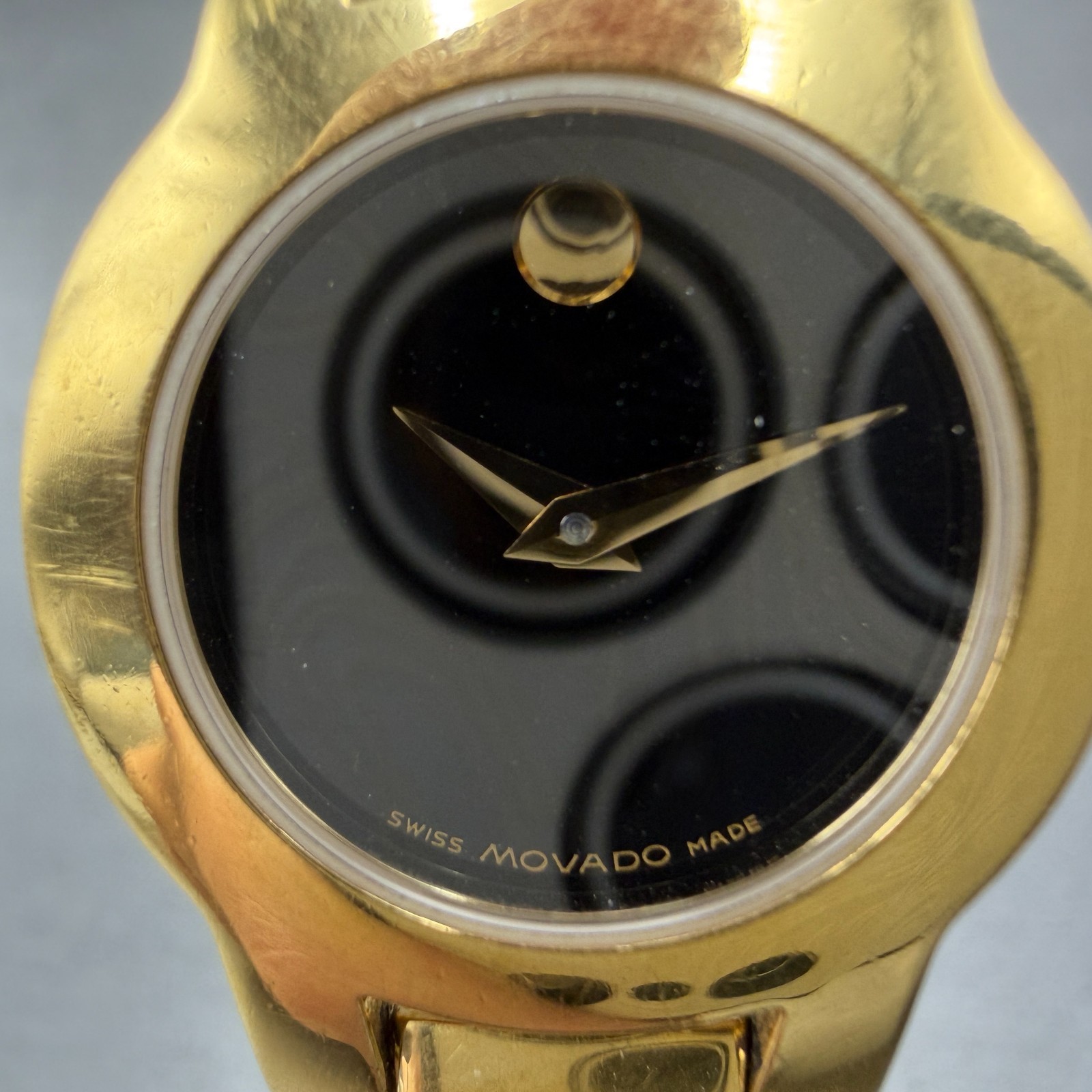 Movado Amorosa Watch Women 24mm Black Dial Gold Tone Round 88 E4 1842 New Batt H