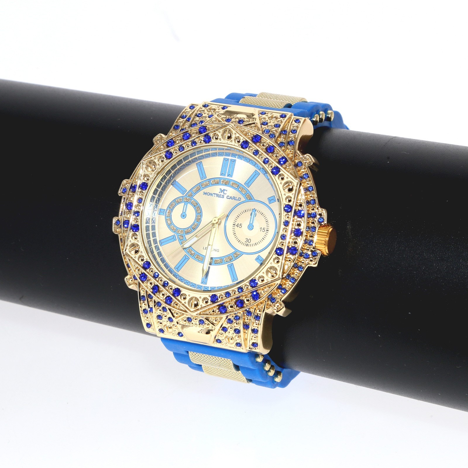 Montres Carlo Men’s Hip Hop rapper Blue Stones Gold Finish Clubbing Luxury Watch