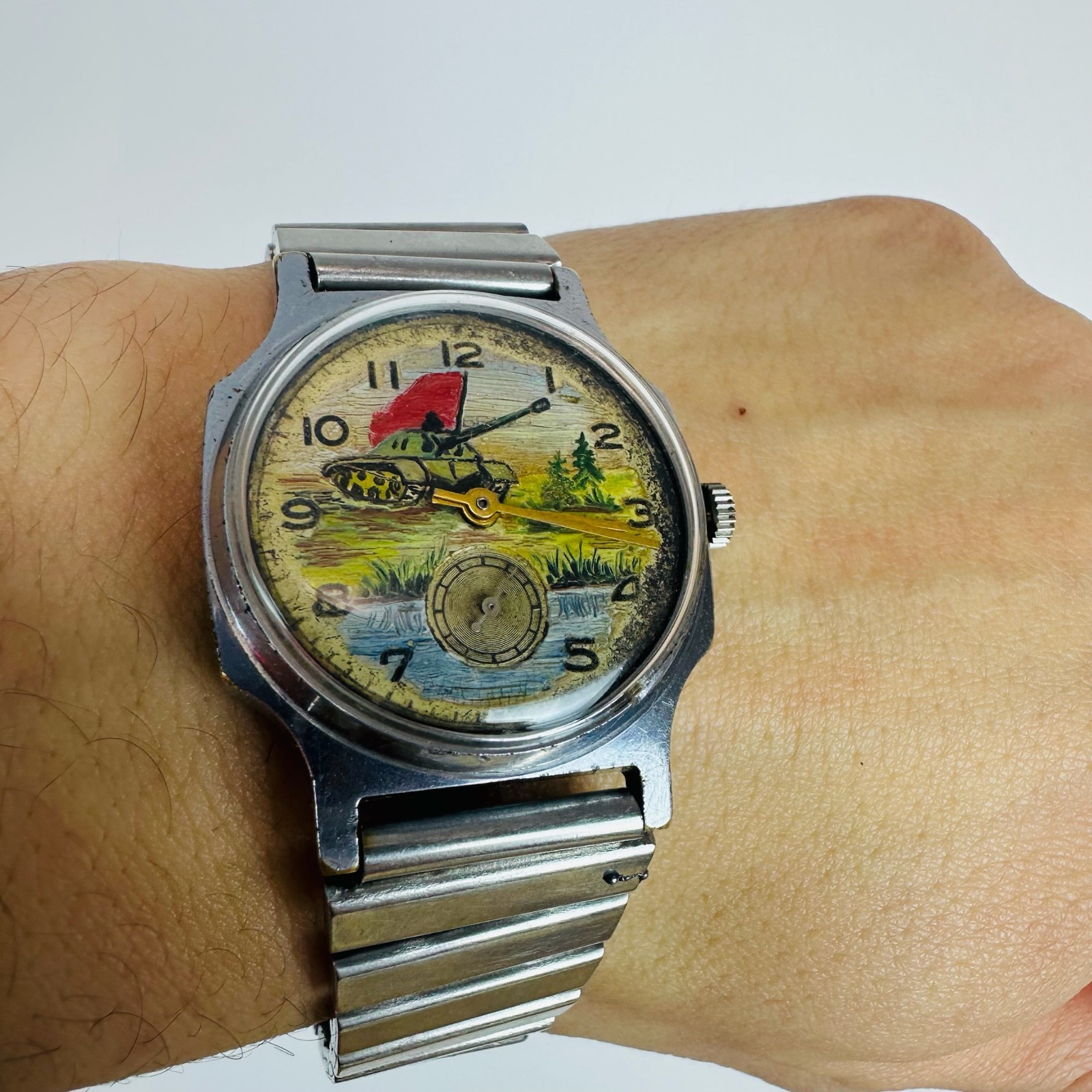 Vintage Wristwatch Pobeda dial hand painted Tank Watch USSR 1954s 1 MChZ