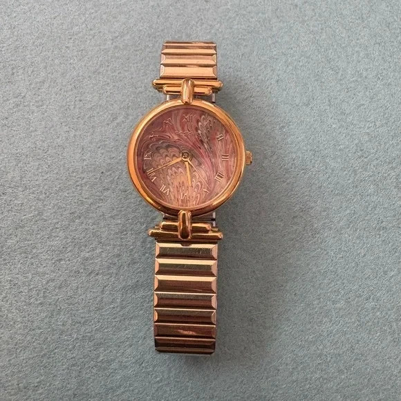 1990’s Vintage Fossil Gold Stainless Watch with Pink Kaleido Face Speidel band