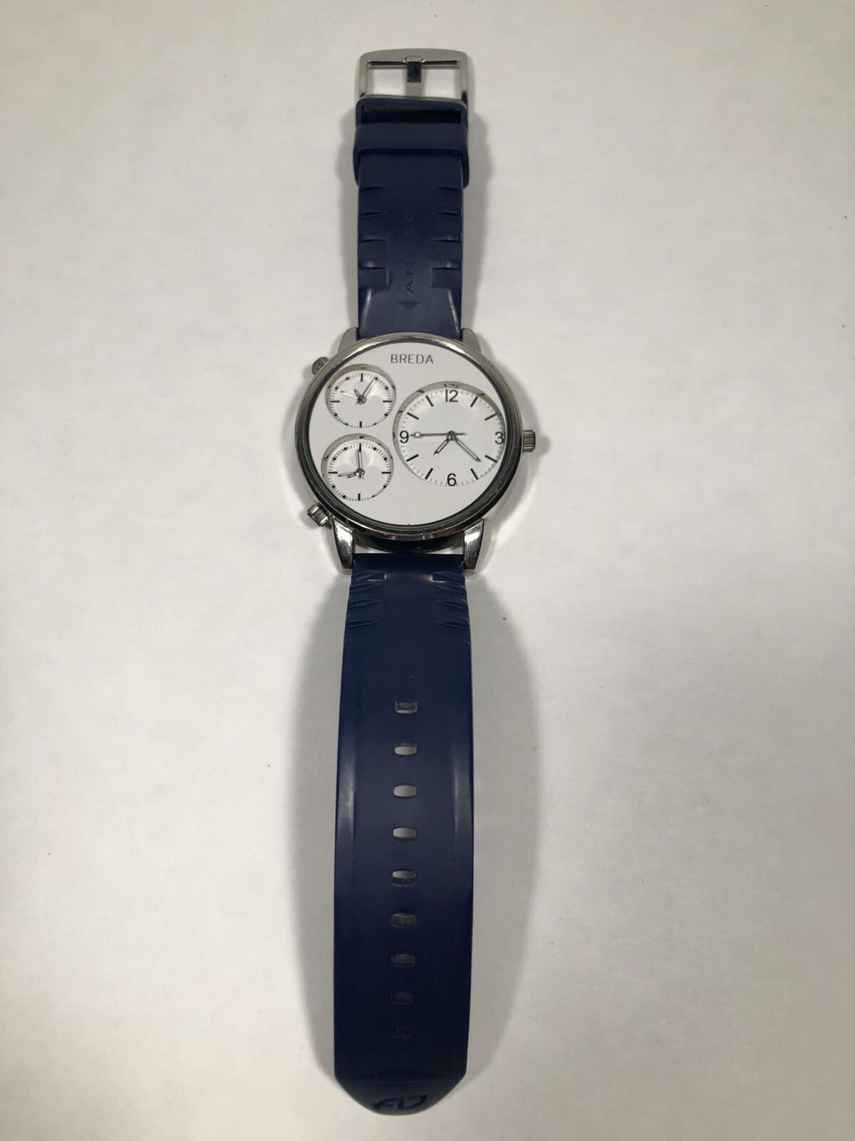 BREDA Triple Time Silver Case Quartz Analog White/Dark Blue Men’s Watch 1627