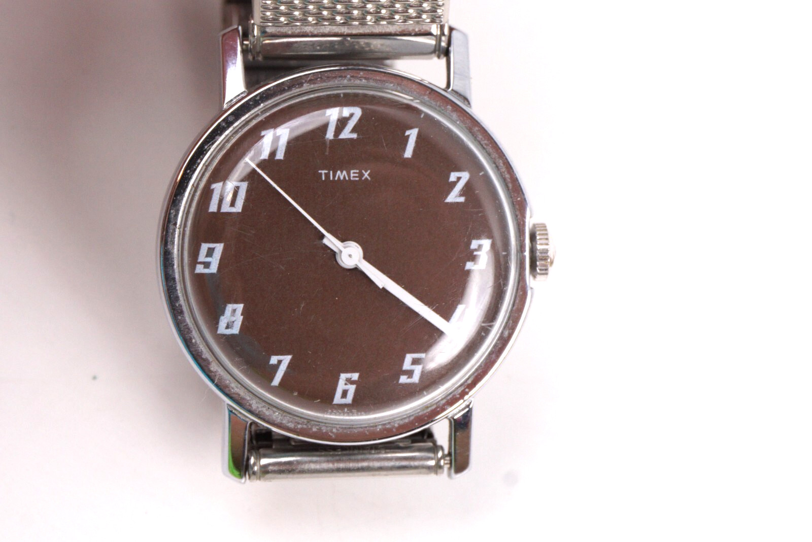 Vintage 34mm Chocolate Brown Dial TIMEX Silver Band Mechanical Mens Watch
