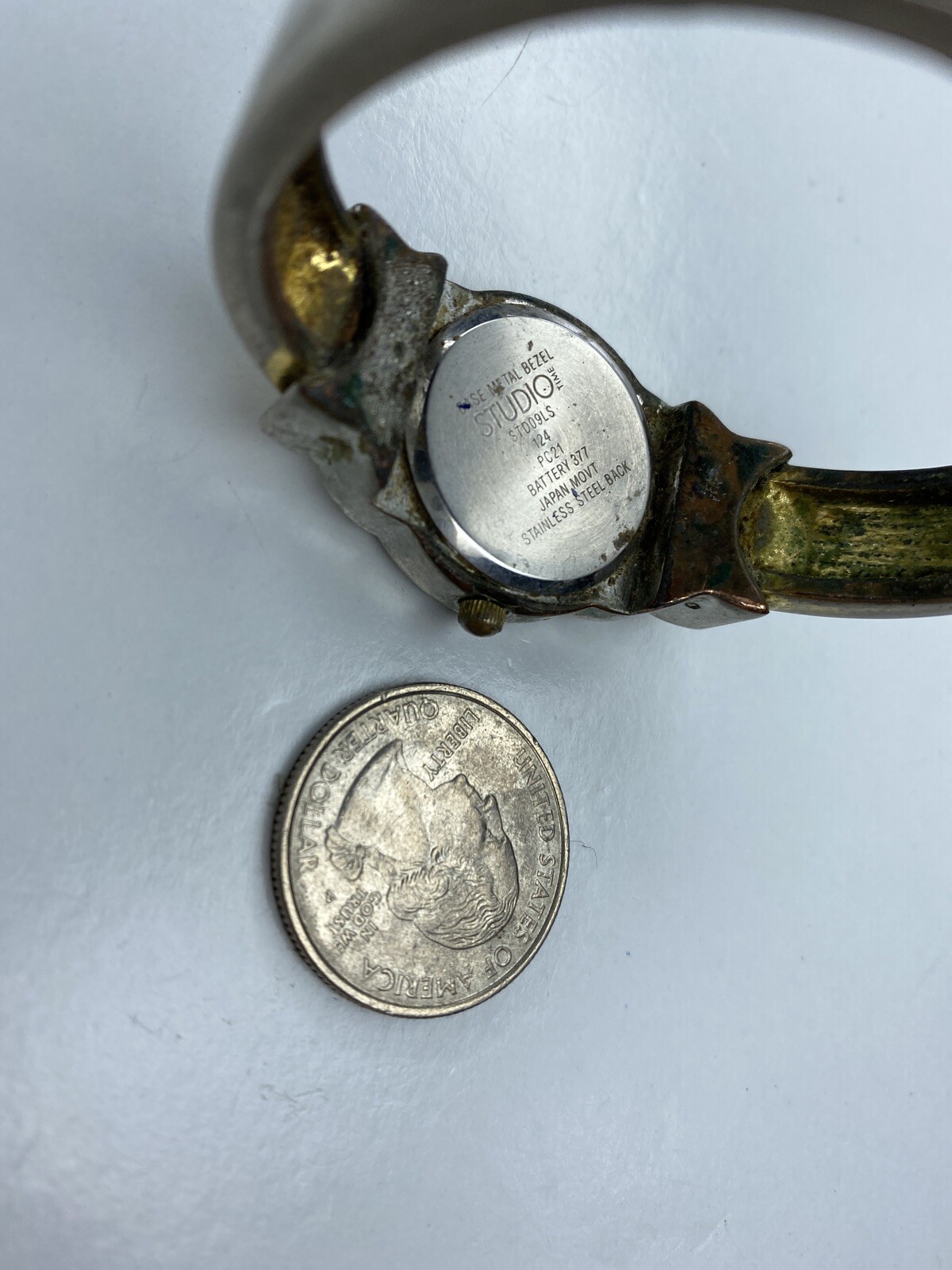 E Studio Time Two Tone Cuff Crystals Vtg STD09LS 124 PC21 Japan Stainless Works
