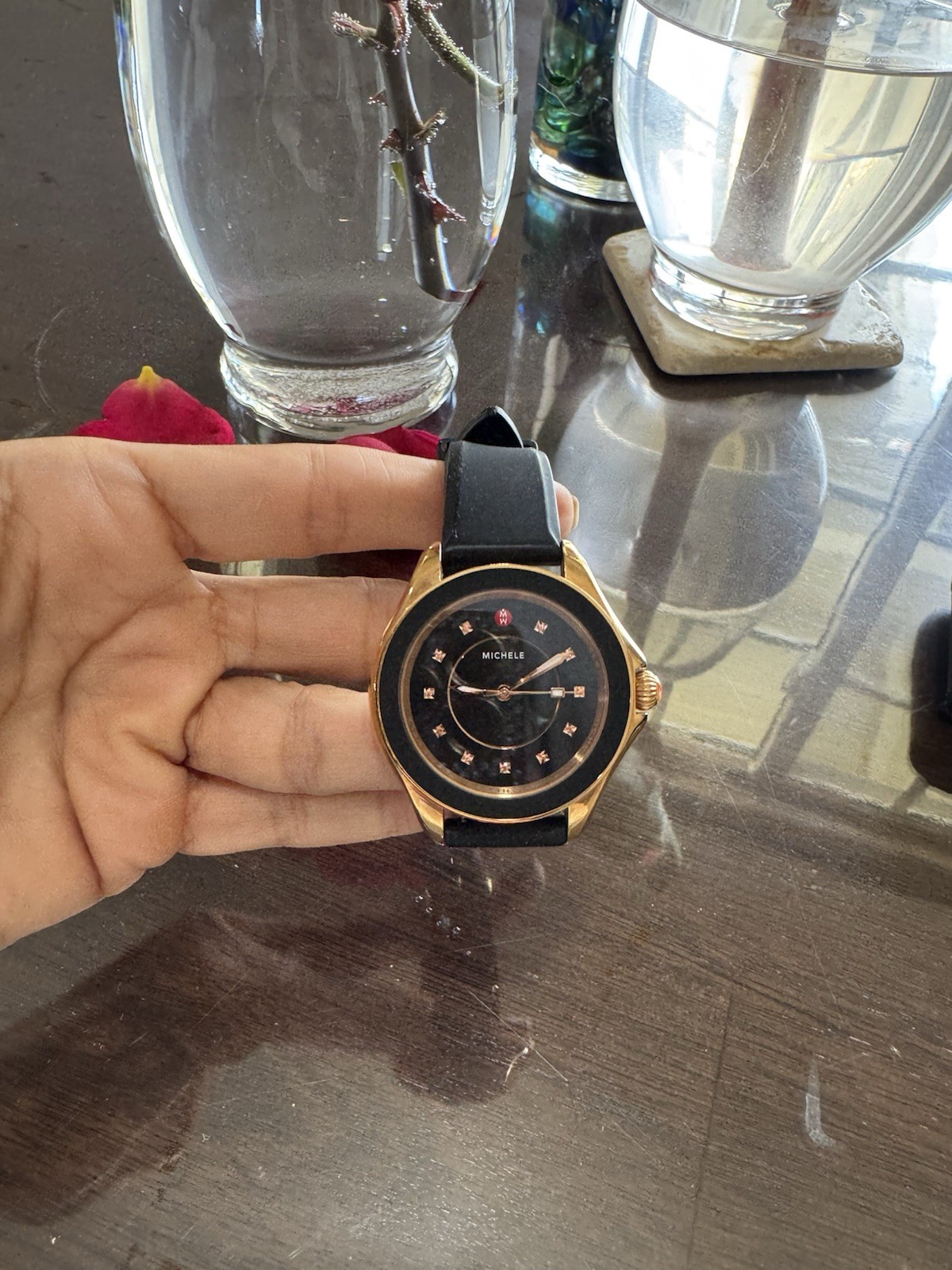 Michele Cape Watch 38mm Black Dial Rose Gold Tone Crystal Markers Silicone Strap