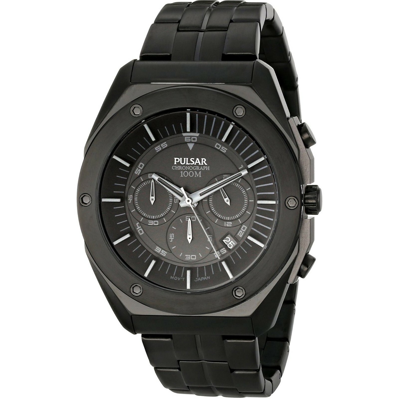 NEW PULSAR BY SEIKO PT3521 BLACK SPORT WATCH CHRONOGRAPH ANALOG STEEL ON THE GO
