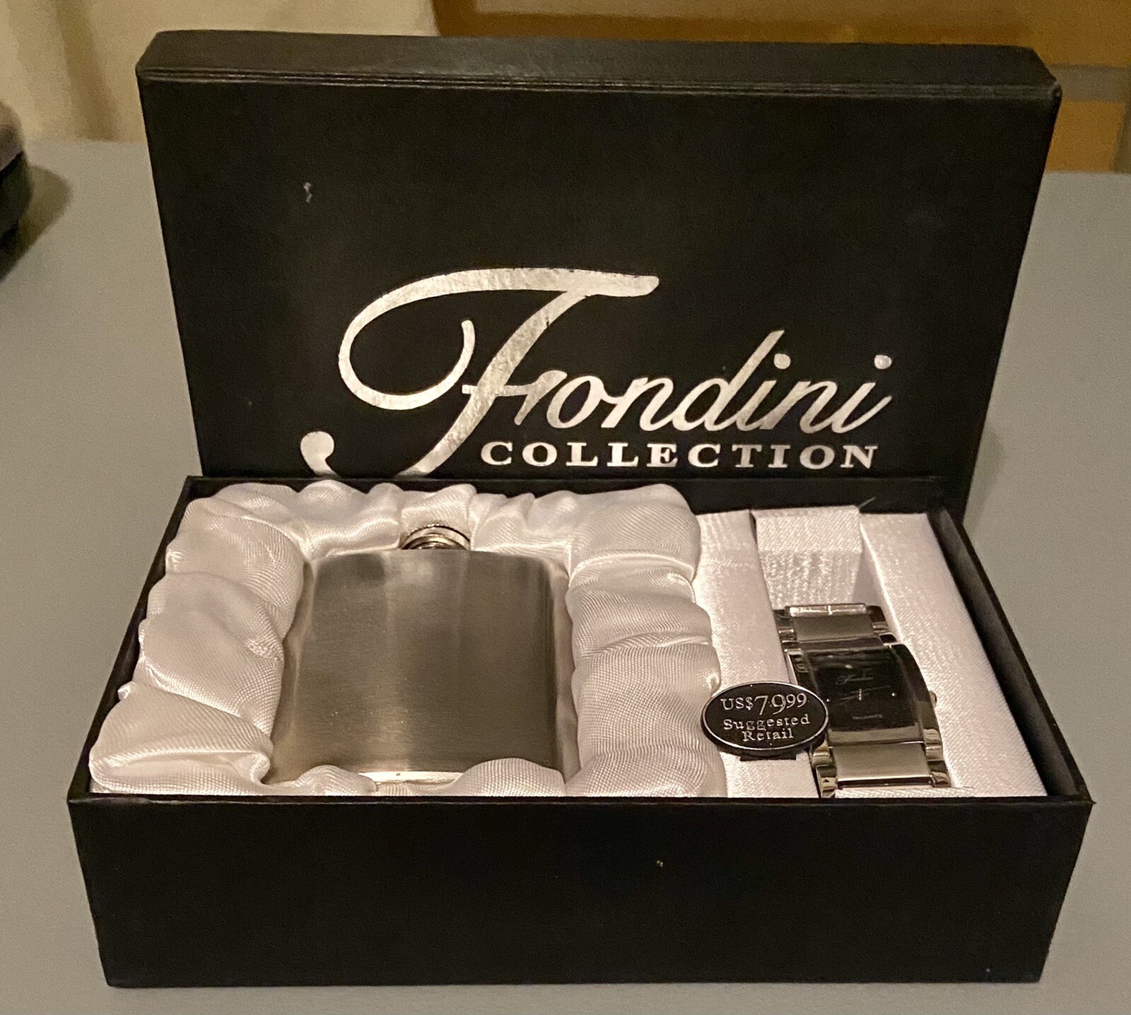 Fondini Collection Mens Stainless Steel Flask & Watch Formal Gift Set New w Case