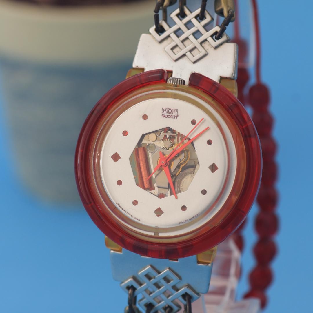 Swatch WINE DROPS Skeleton Watch Beaded Metal Bracelet