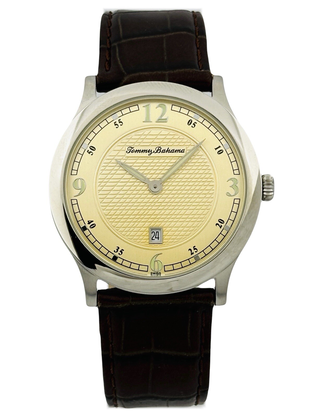 Tommy Bahama TB1051 Pineapple Dial Brown Croco Texture Leather Ultra Slim Watch