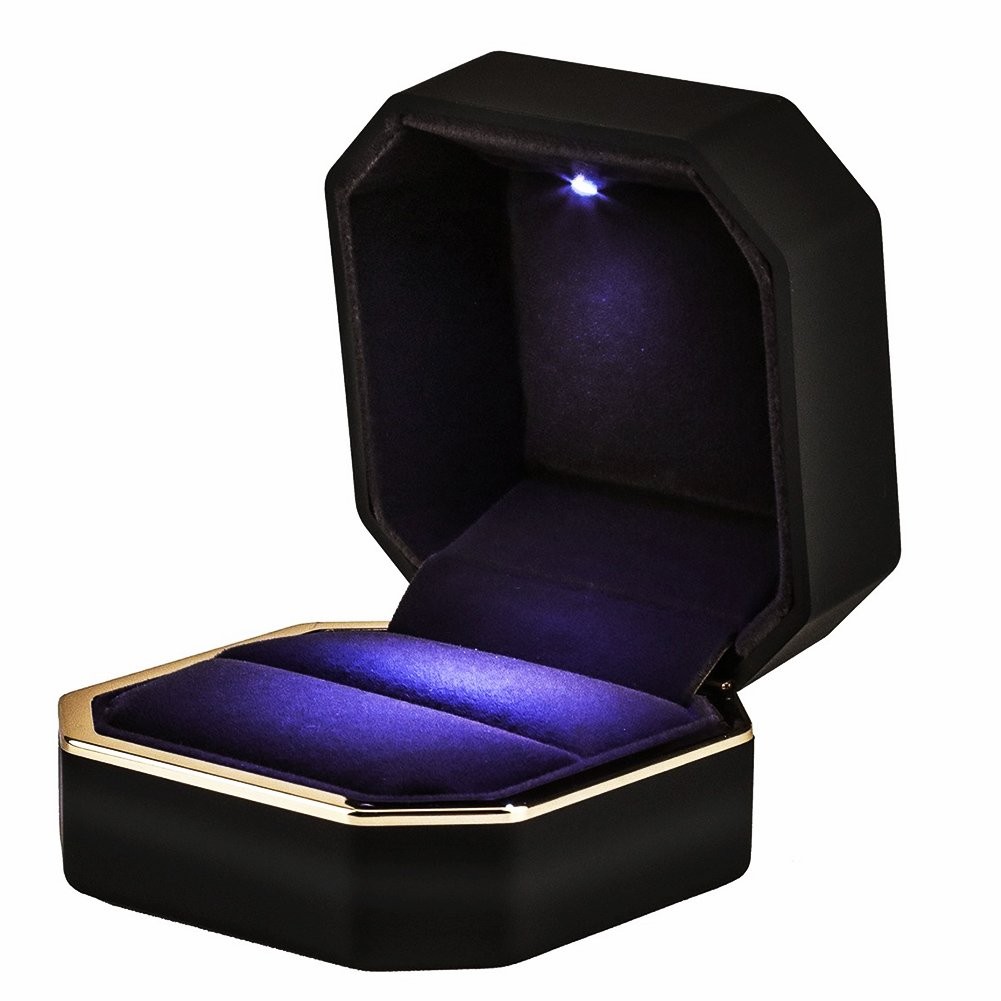 Luxury Ring Box, Square Velvet Wedding Ring Case Jewelry Gift Box with LED Light