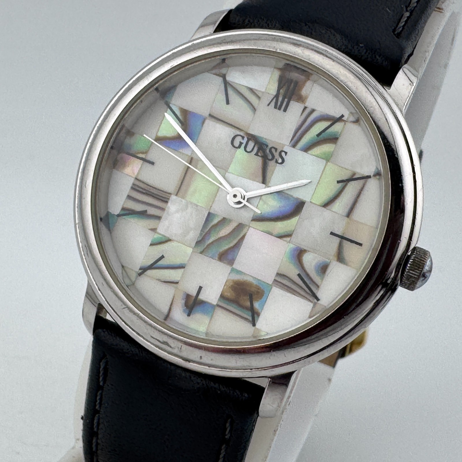 VTG Guess Quartz Watch Unisex Silver MOP Abalone Mosaic Dial Leather New Battery