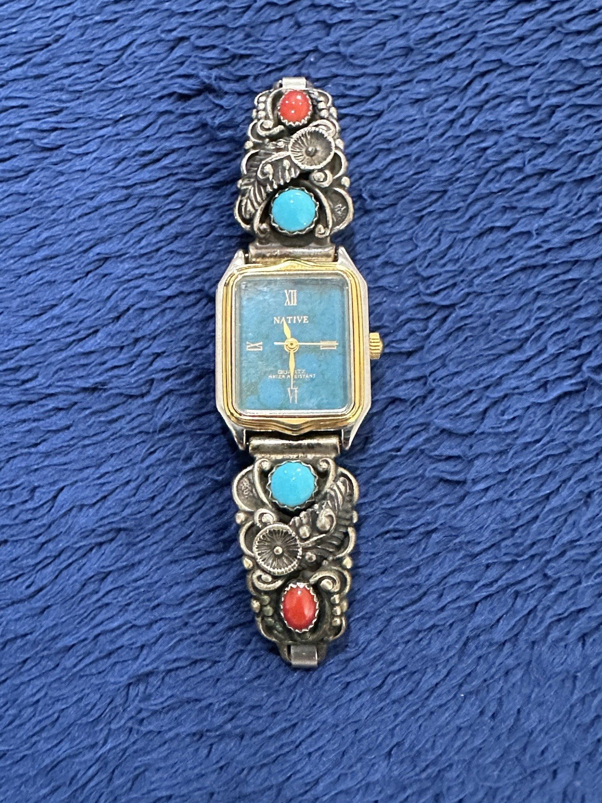 Vintage Lucoral Native American Turquoise Coral Sterling Silver Western Watch, 6