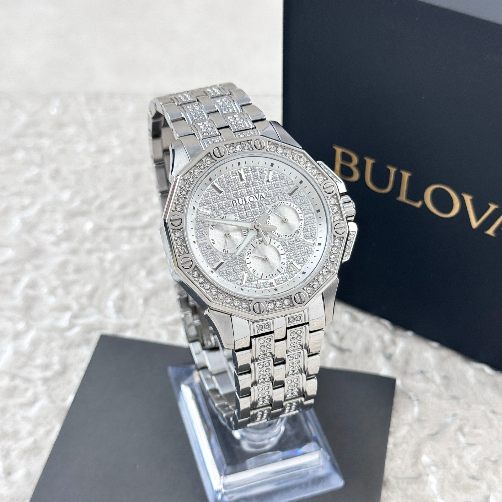 Bulova Octava Silver Pave Crystal Men’s Quartz Chronograph Watch 96C134