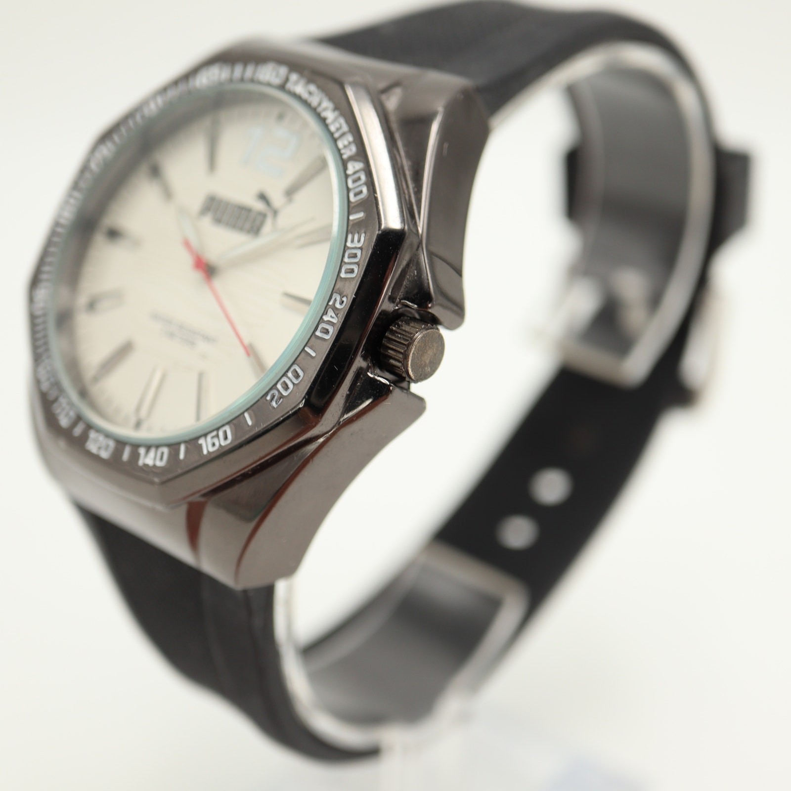 Puma Men’s Black Sport Analog 44mm Watch White Dial Silicone Strap w New Battery