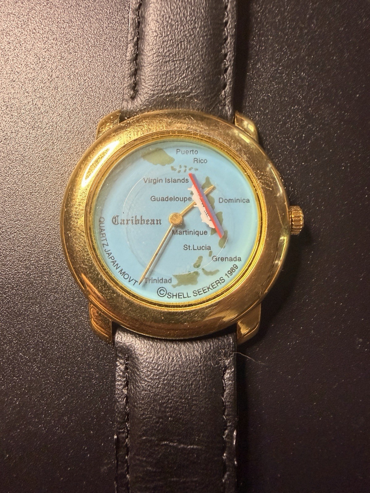 Vintage Caribbean Map Novelty Watch Ship Seconds Hand Quartz Runs Great