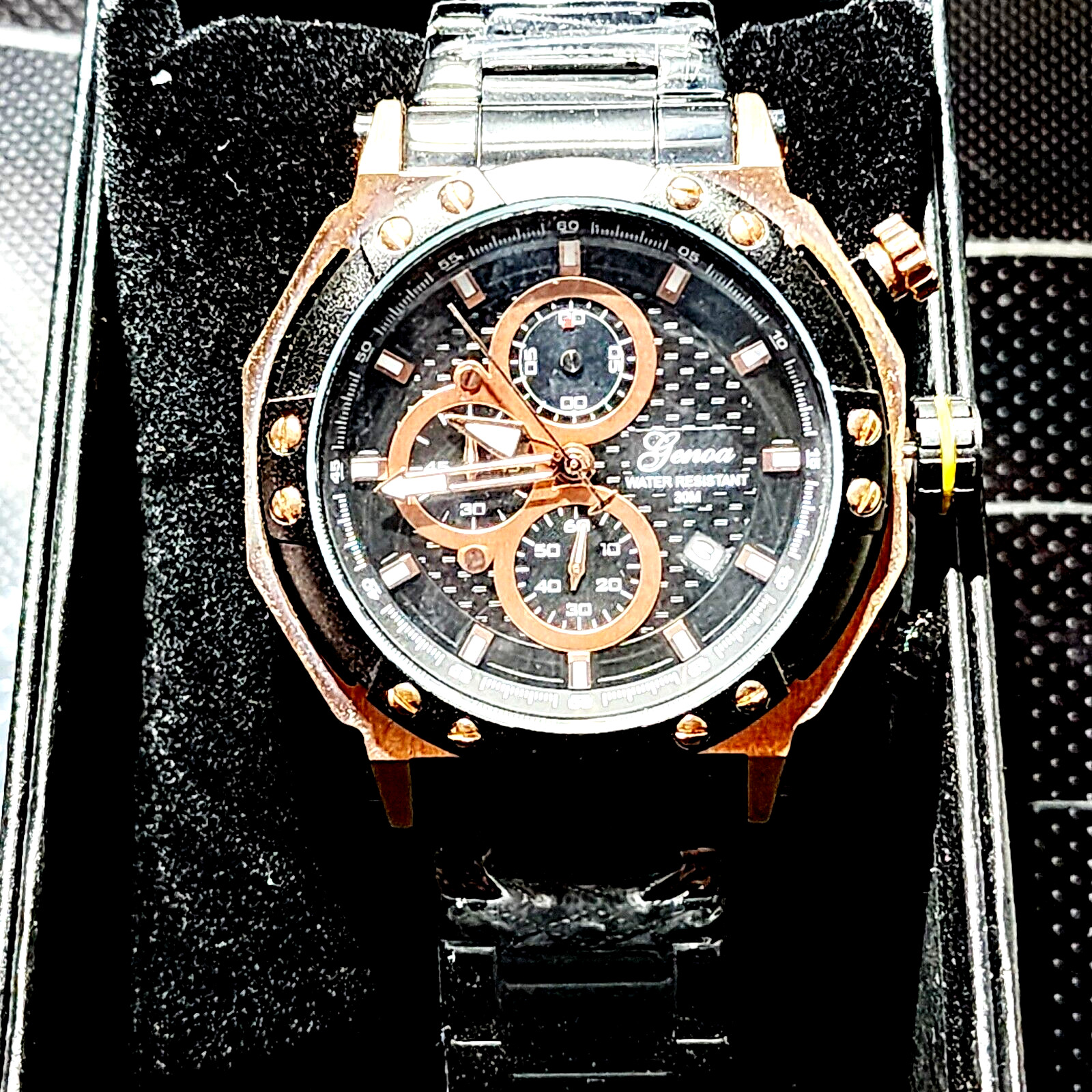 Multi-Functional Quartz Movement Watch in ION Plated Rose Gold & black stainless