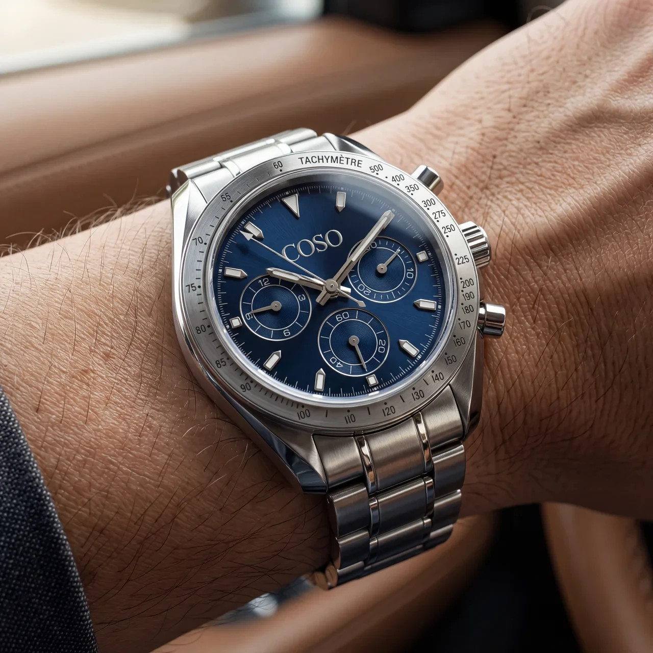 COSO Torvex Chronograph Watch Blue Dial Black Bezel Silver Steel Bracelet