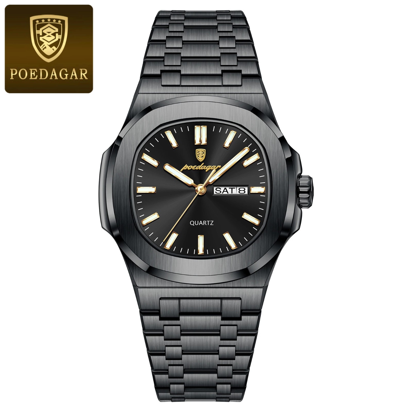POEDAGAR Women’s Square Quartz Wristwatch Stainless Steel Luminous Week Date