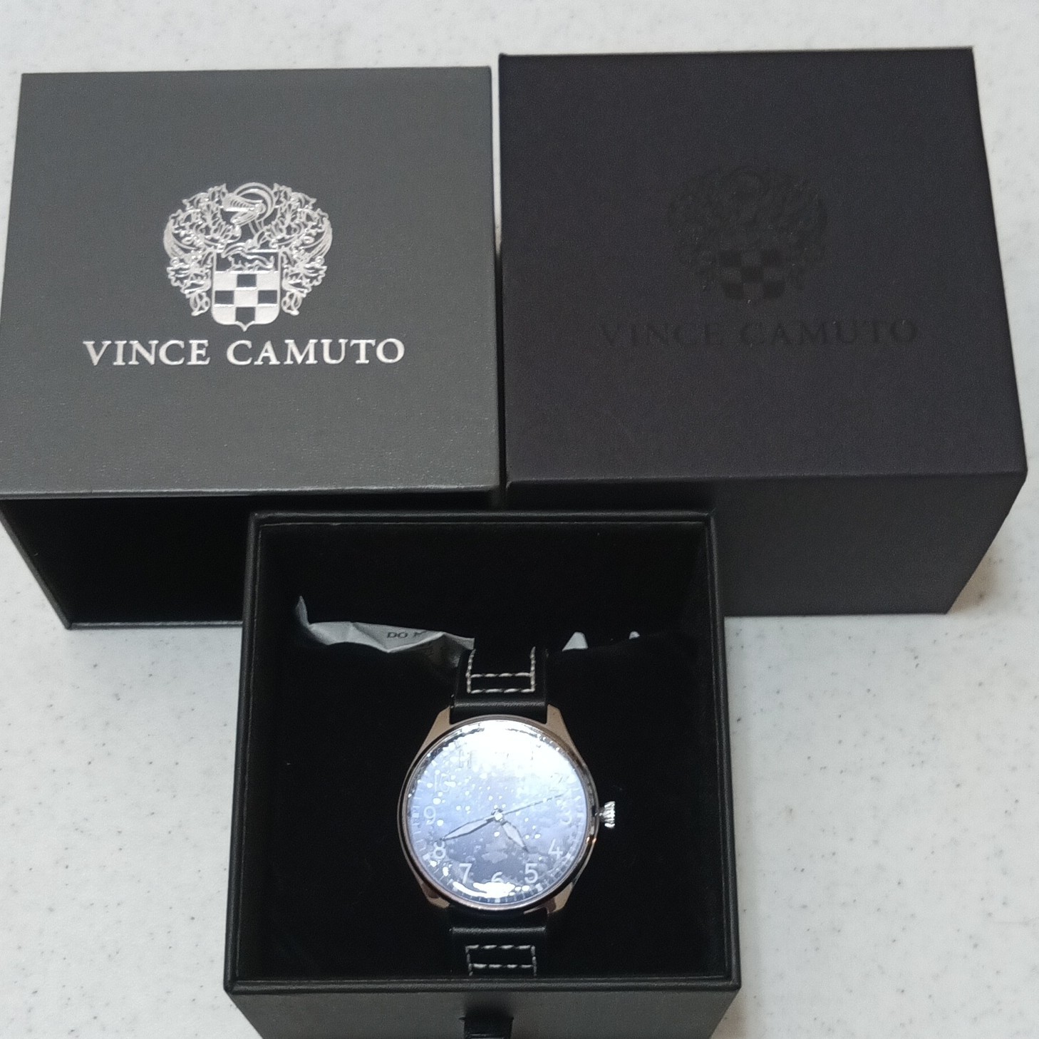 Vince Camuto Aldo Men’s Blue Dial Quartz 42mm Steel Black Leather Watch Box