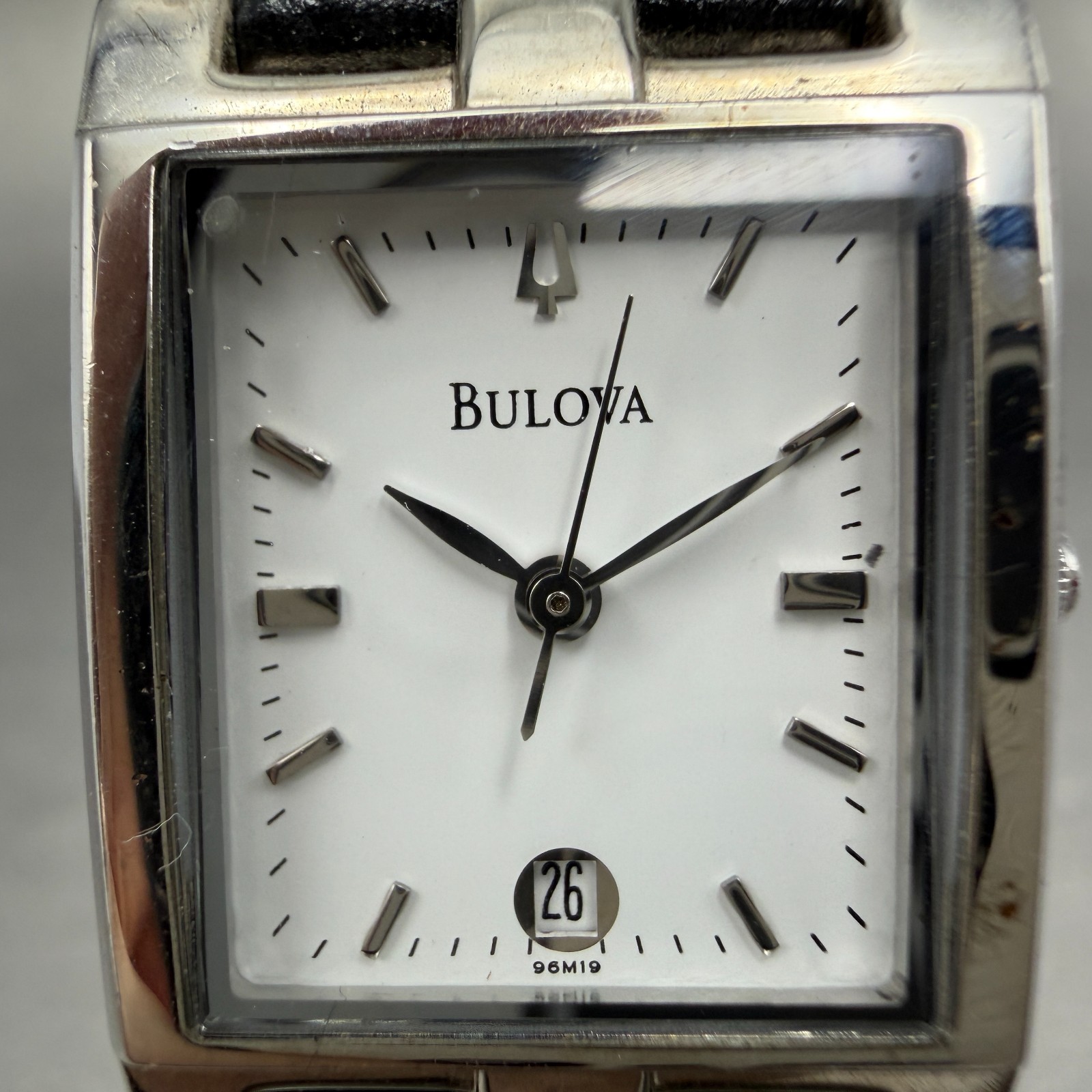 Bulova tank Watch Women 21mm White Dial Silver Tone Date 96M19 New Battery