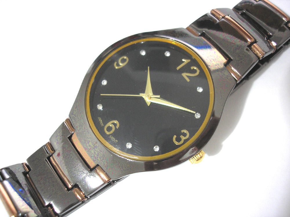 Black Metal Case and Bracelet Men’s Dress Watch w Crystals