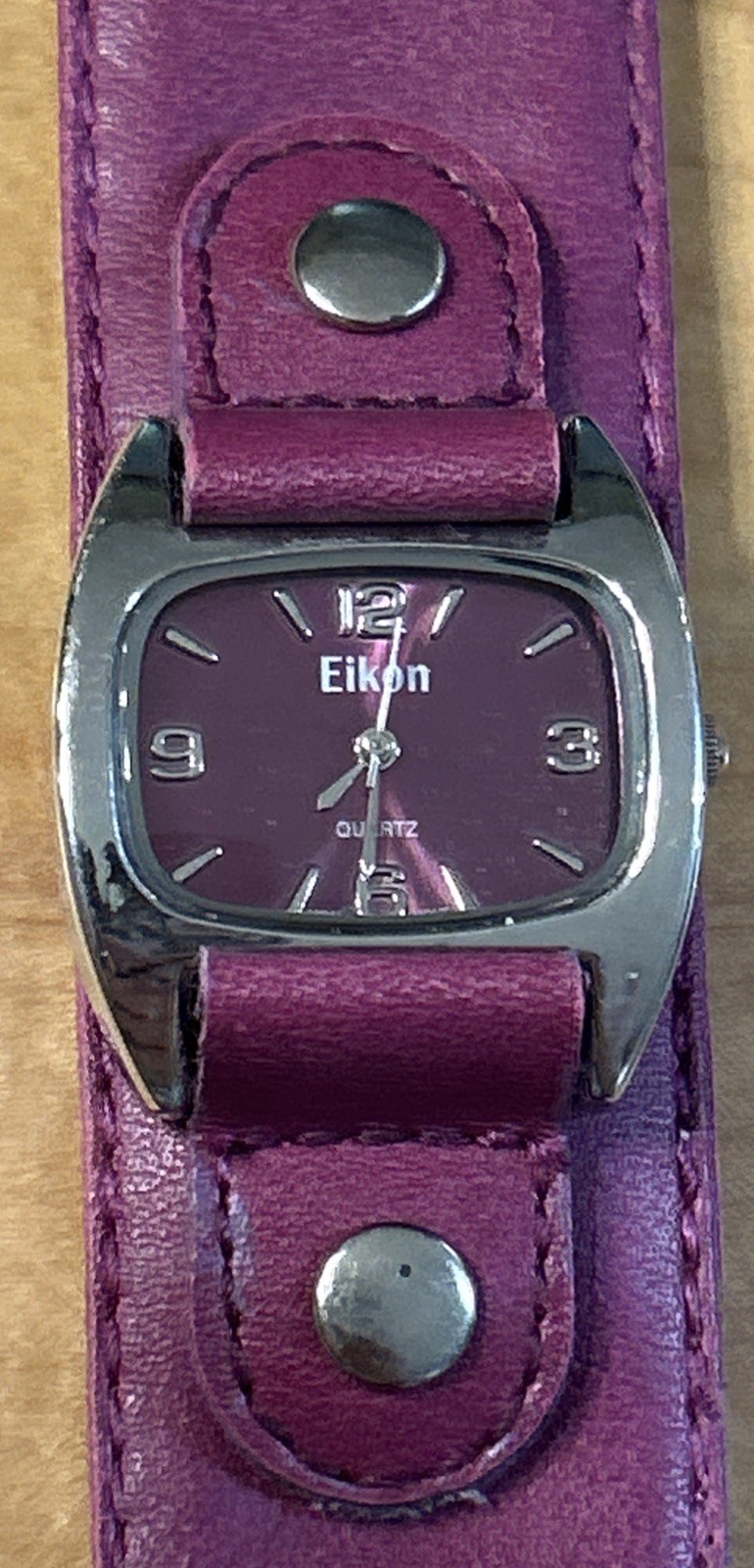 Eiko Womans Silver Tone Purple Slap Bracelet Faux Leather Band Watch New Battery