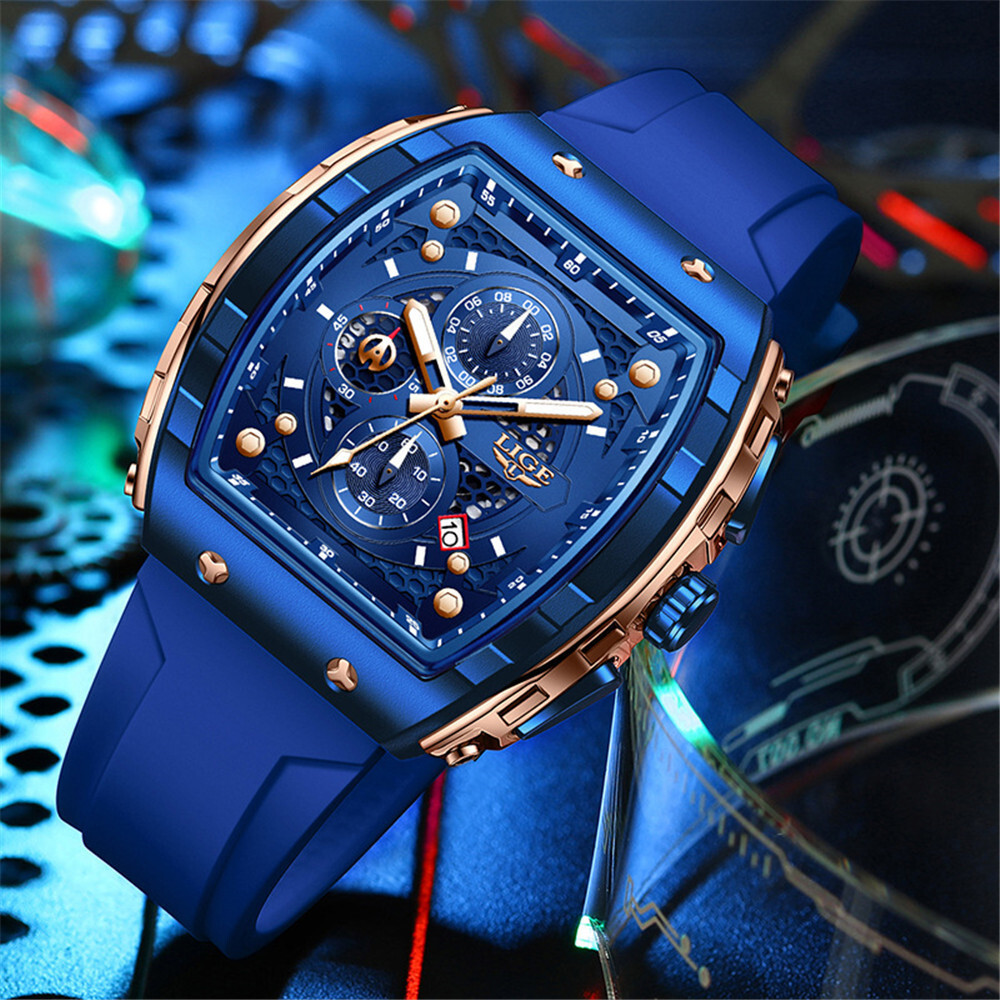 LIGE Men Quartz Watch Rectangle Sport Wristwatch Chronograph Males Date Watches