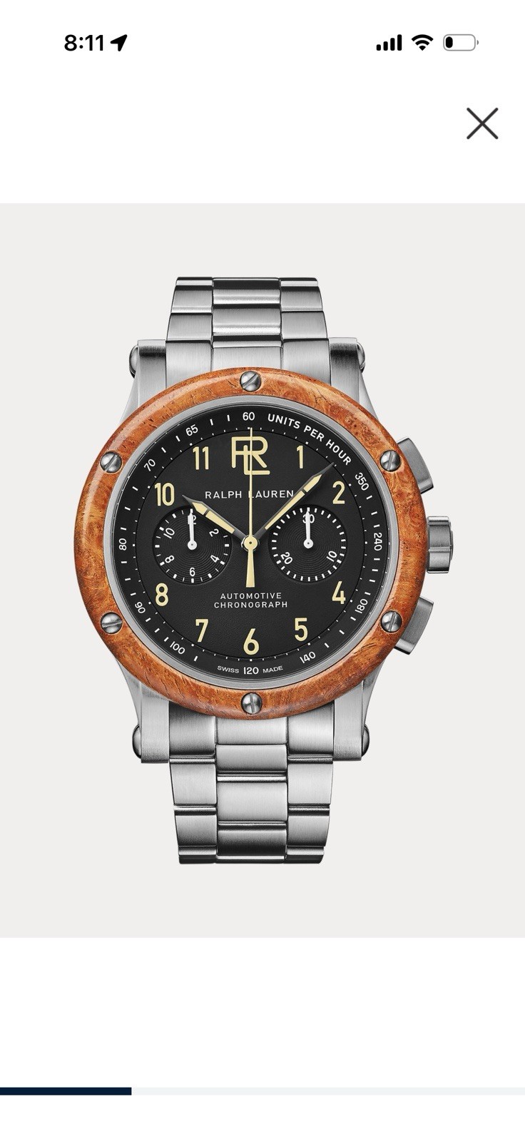 $9800 Authentic Polo Ralph Lauren 42 MM Chronograph Steel Wood Bezel Watch