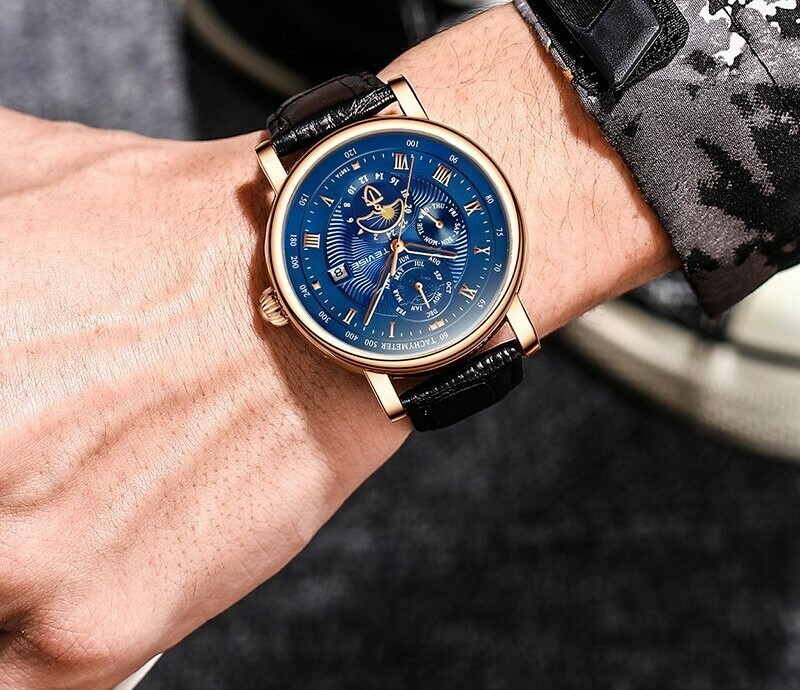 NEW Rose Gold Blue Watch Mens Business Sport Automatic Mechanical Wristwatch