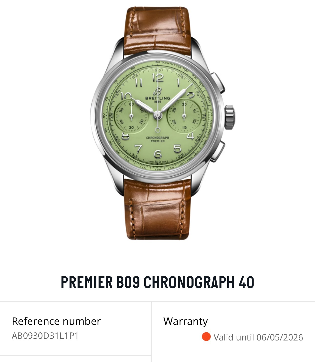 Breitling Premier B09 Chronograph Pistachio dial 40mm AB0930D31L1P1