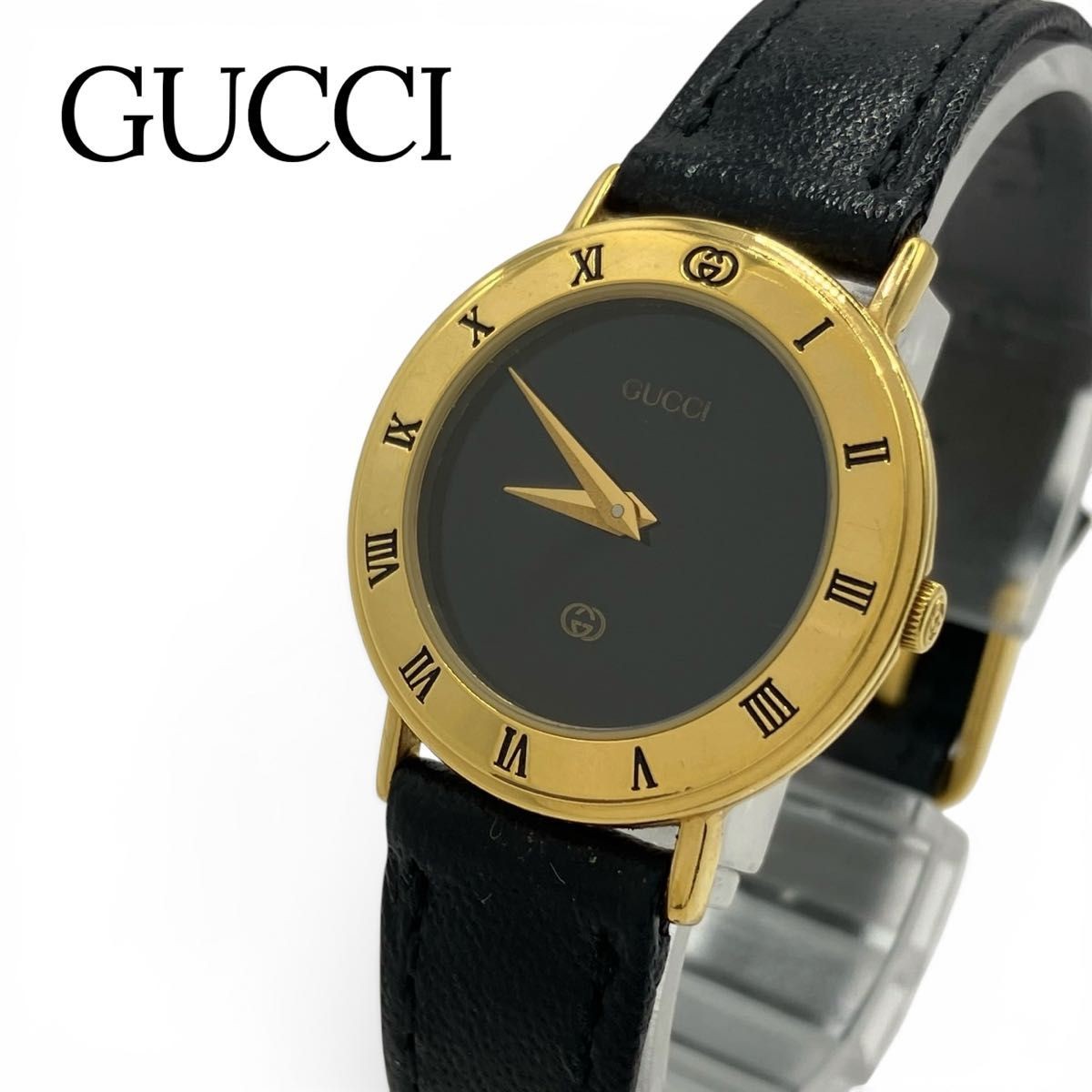 Working GUCCI watch black dial gold quartz leather belt unisex