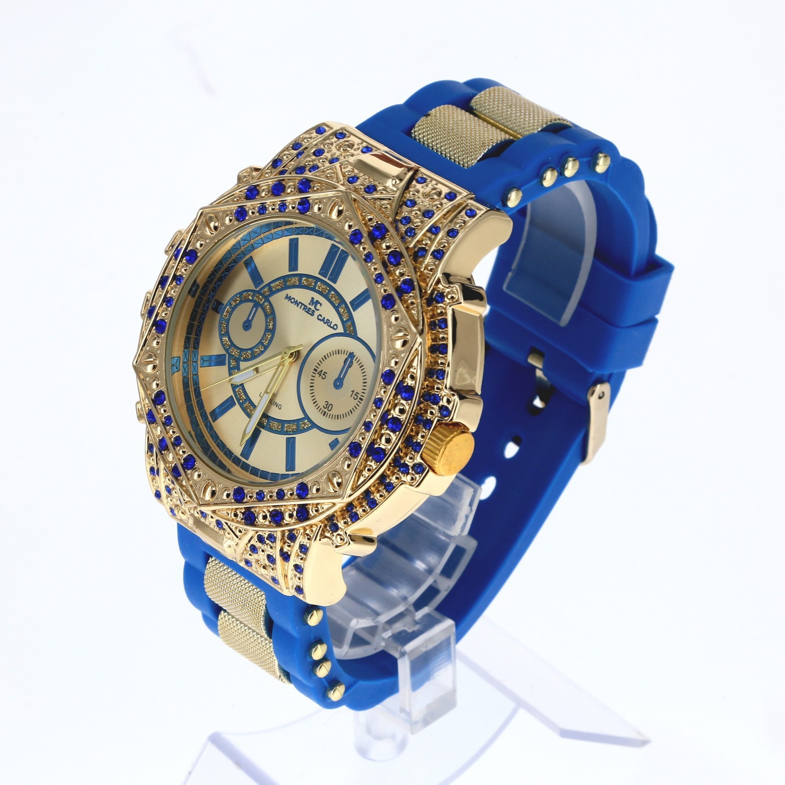 Montres Carlo Men’s Hip Hop rapper Blue Stones Gold Finish Clubbing Luxury Watch