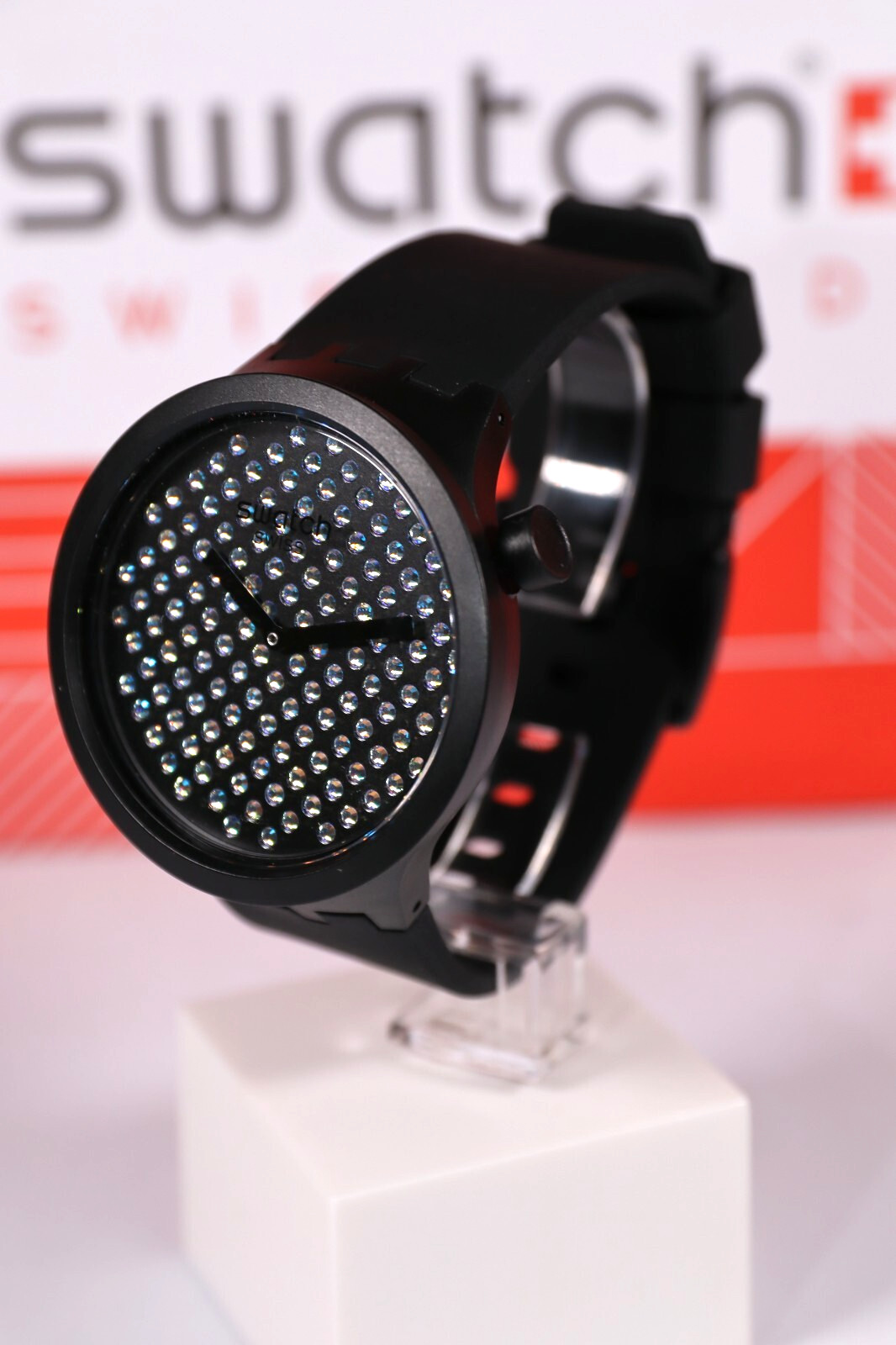New Swiss Swatch Big Bold SO27Z107 DARK BOREAL Sprinkled With Crystals Black Str