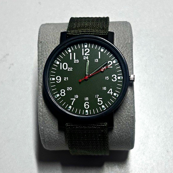 Military Analog Wristwatch Green Dial Case Green Nylon Strap 12/24Hr