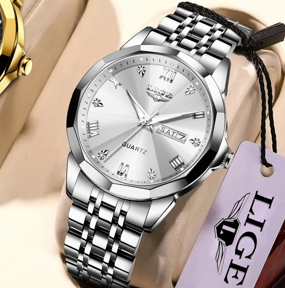 2024 Men Quartz Watch Stainless Steel Analog Luminous Date Waterproof Wristwatch