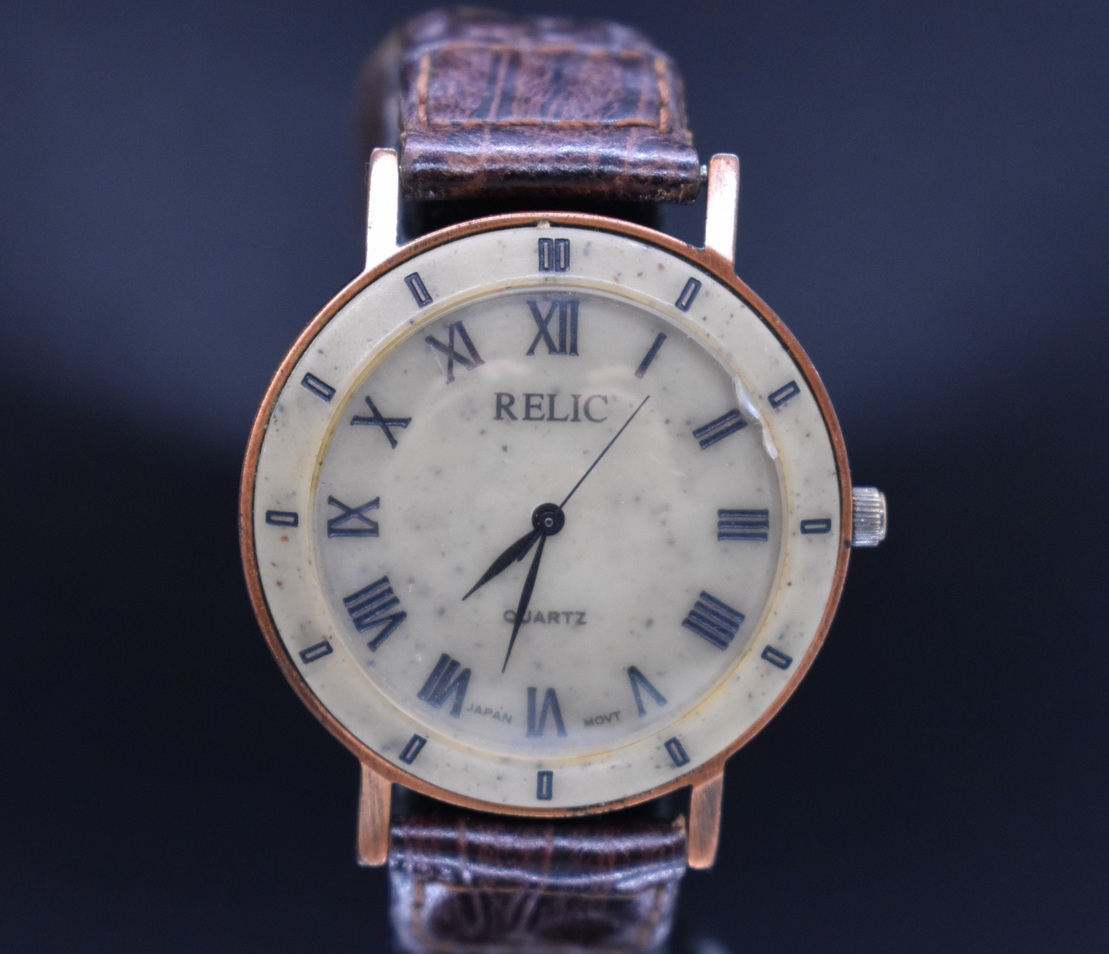Vtg RELIC Stone Dial Watch 1990s Copper Brown Leather Roman Numerals NEW BATTERY