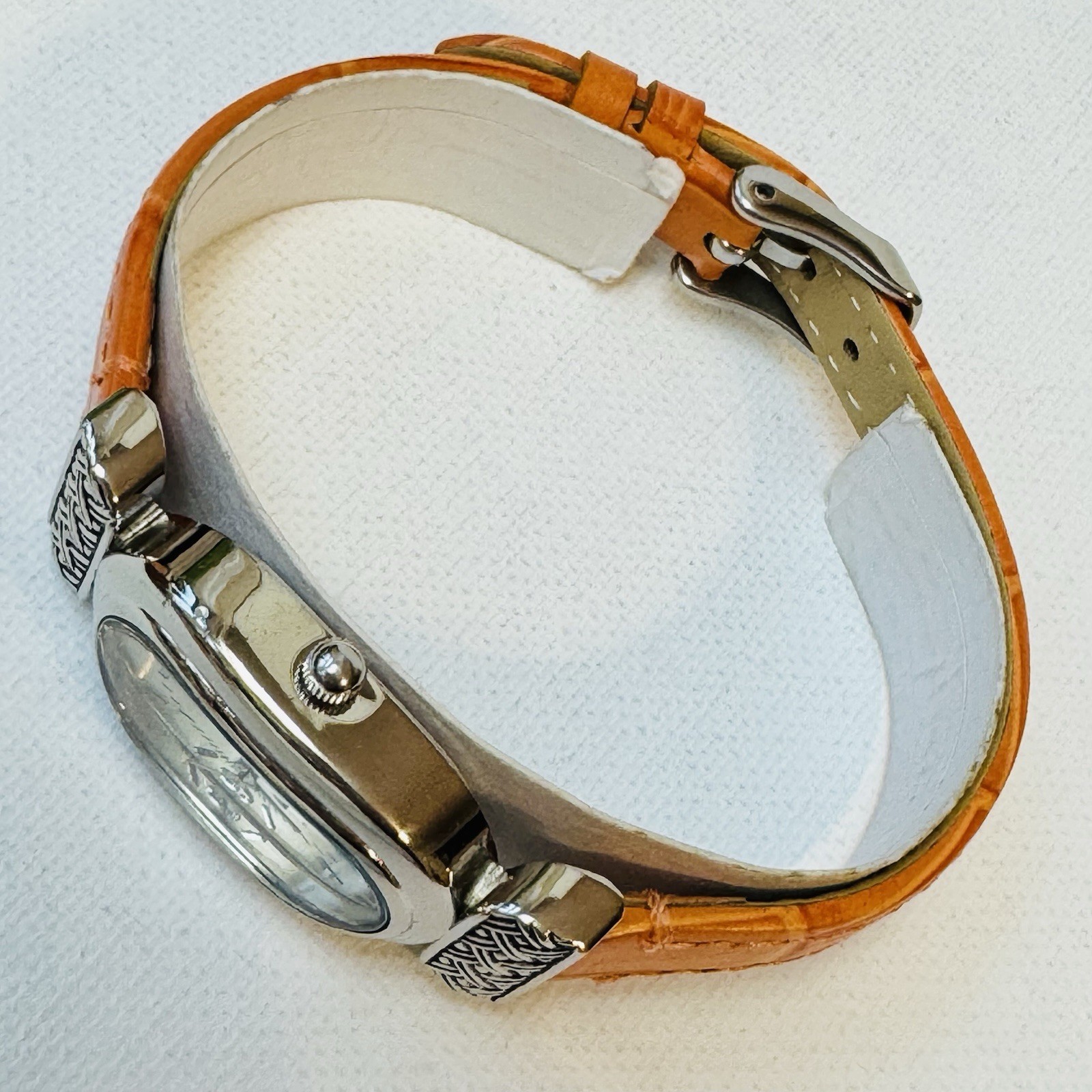 Strapsco Women’s Oval Dress Watch Silver Orange Croco Leather