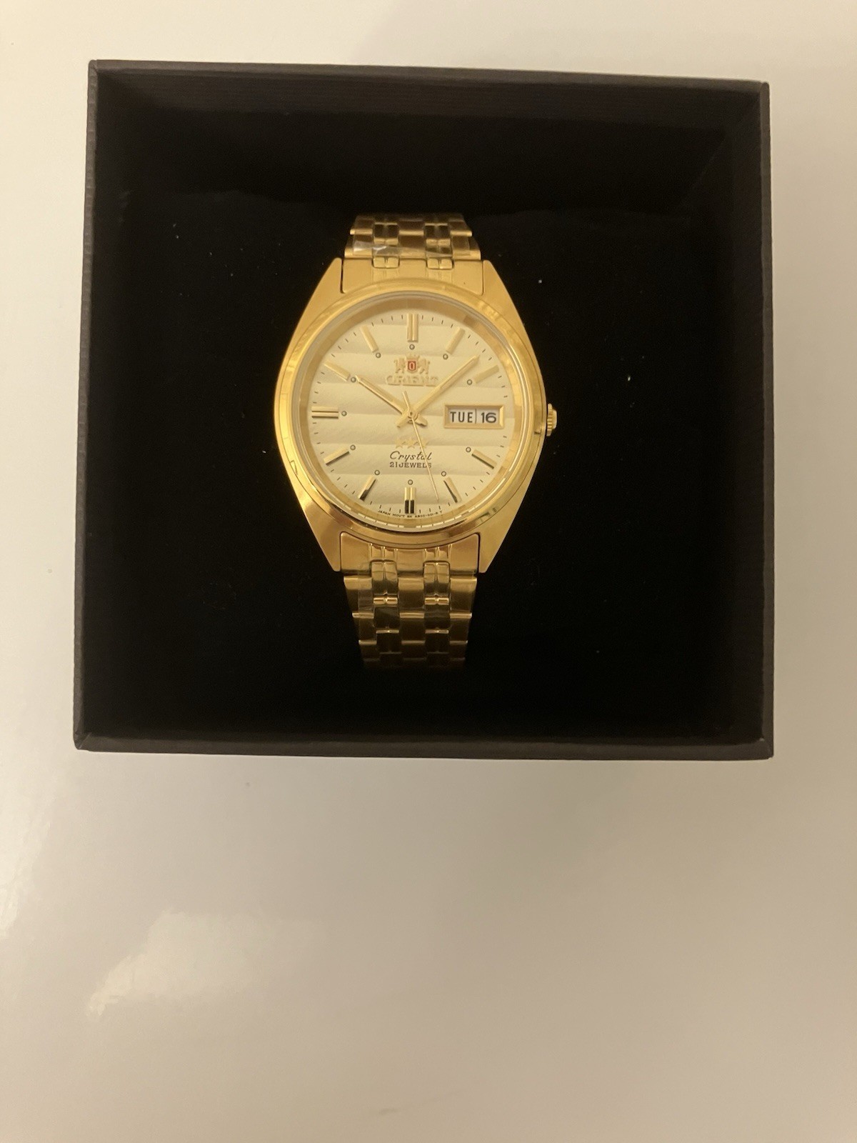Orient Automatic TriStar Day-Date, New In Box, Champagne Gold Tone