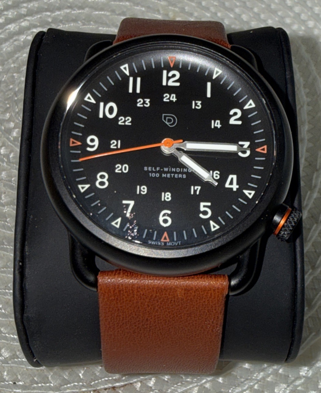 Drop Felix Field Watch Swiss Movement 39.5mm Brown Leather Back Black Case