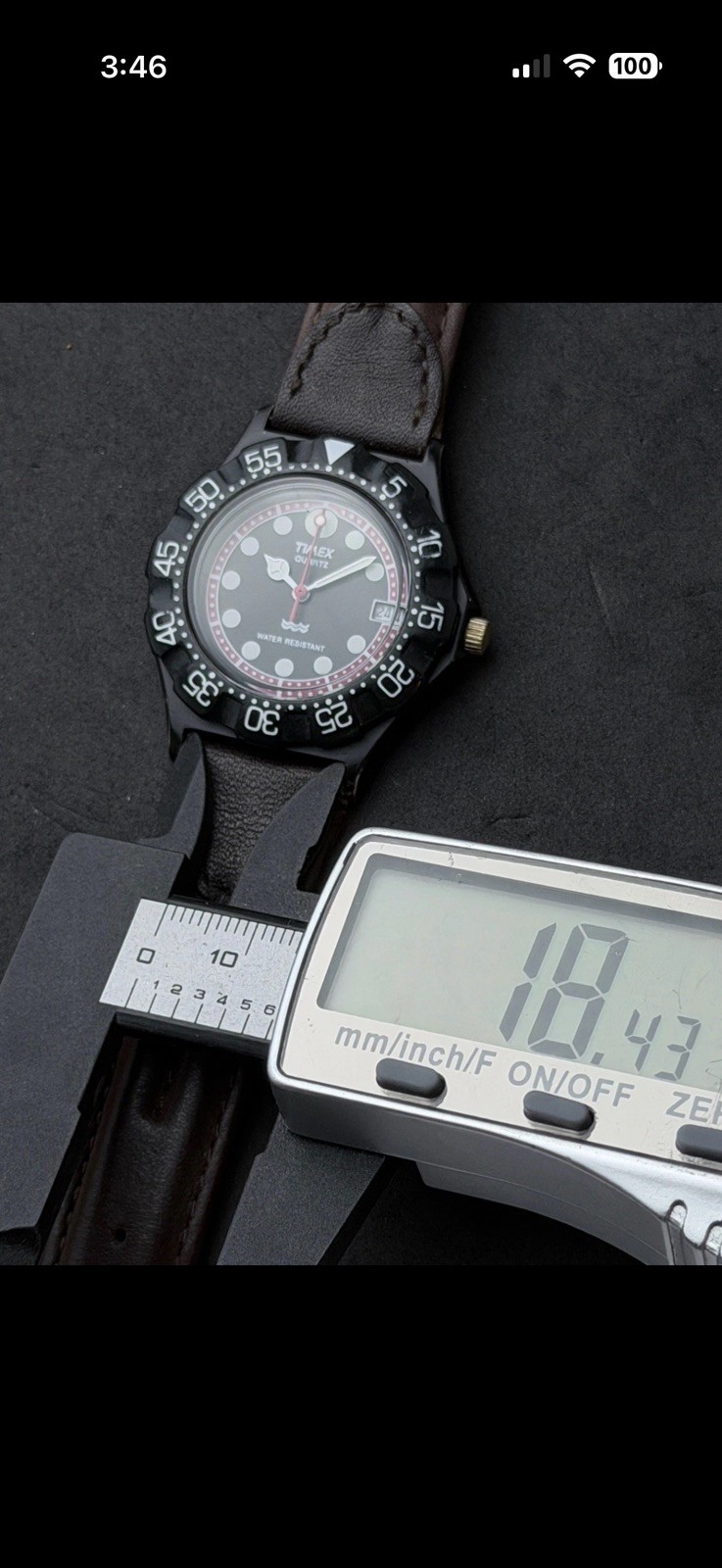 Vtg 1990 TIMEX Diver Men’s 36mm Quartz Watch Date Black Case Dial Brown Leather